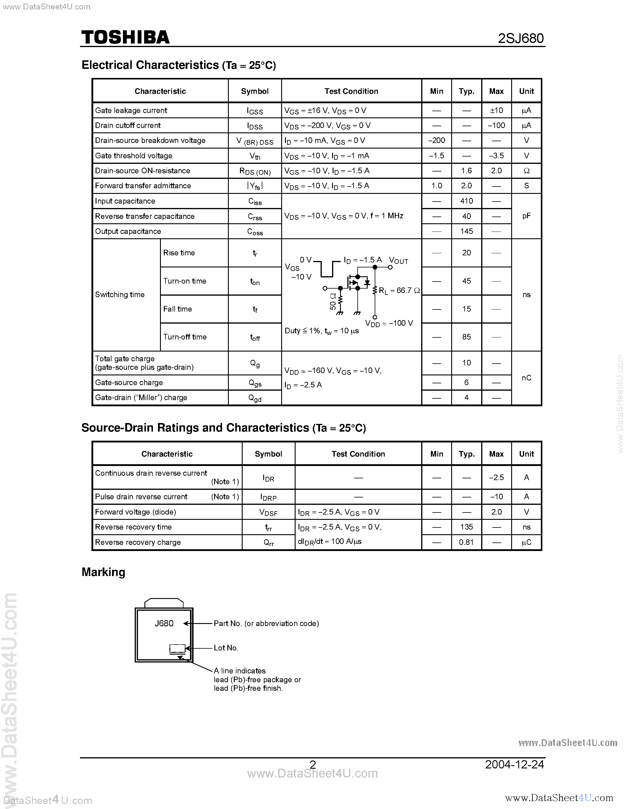 Datasheet 2SJ680 - Field Effect Transistor / Silicon P-Channel MOS Type page 2