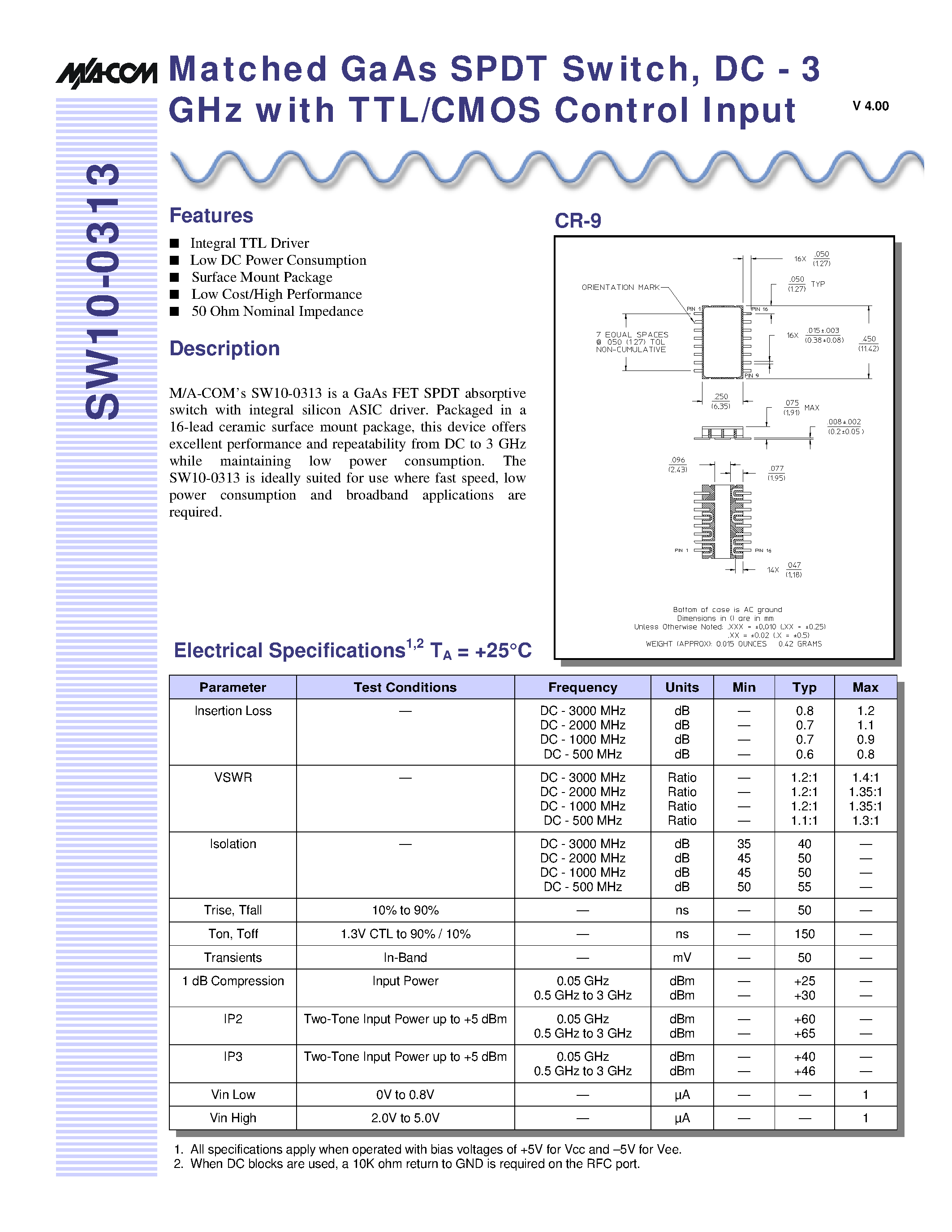 Даташит SW10-0313 - Matched GaAs SPDT Switch / DC - 3 GHz with TTL/CMOS Control Input страница 1