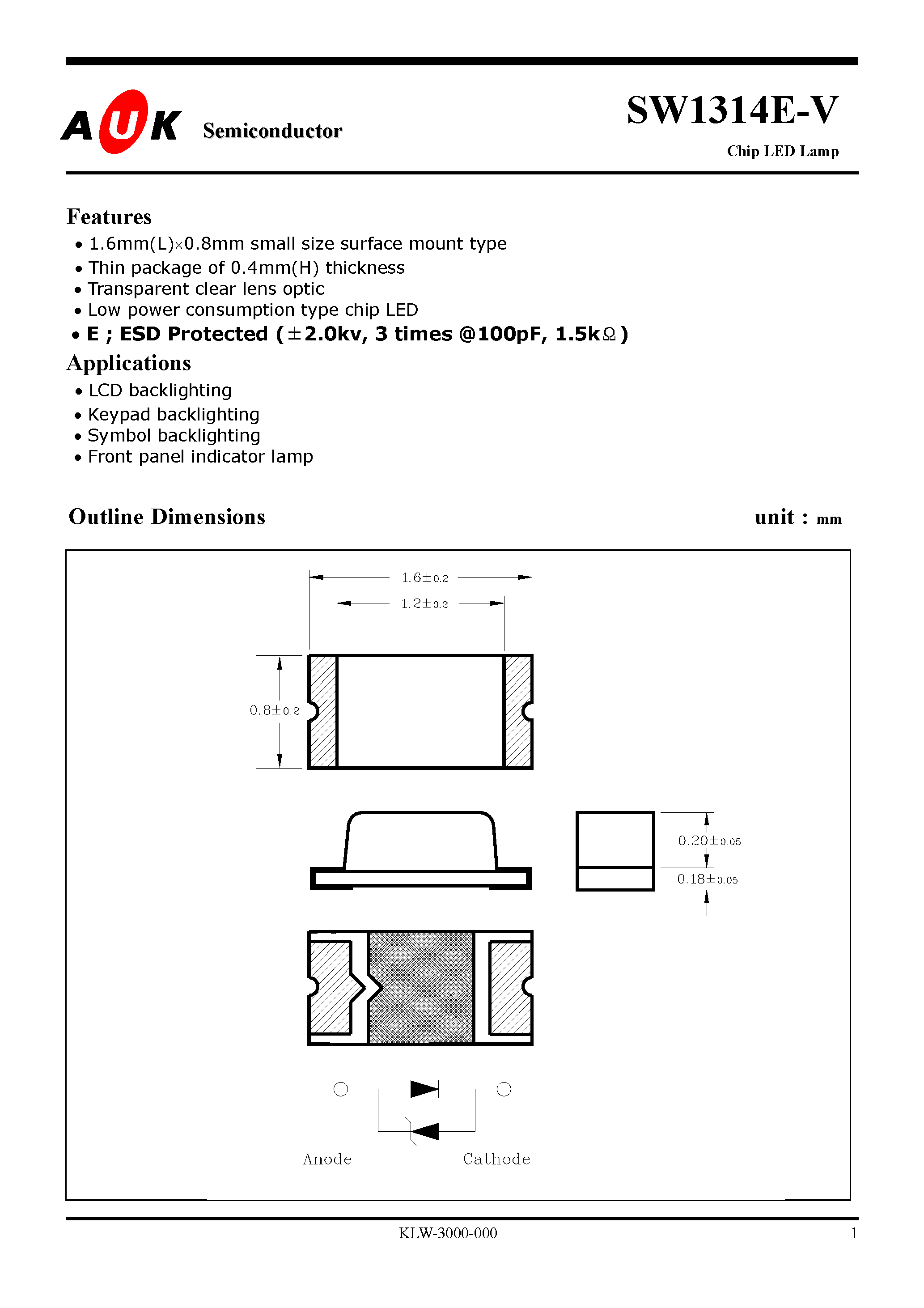 Даташит SW1314E-V - Chip LED Lamp страница 1