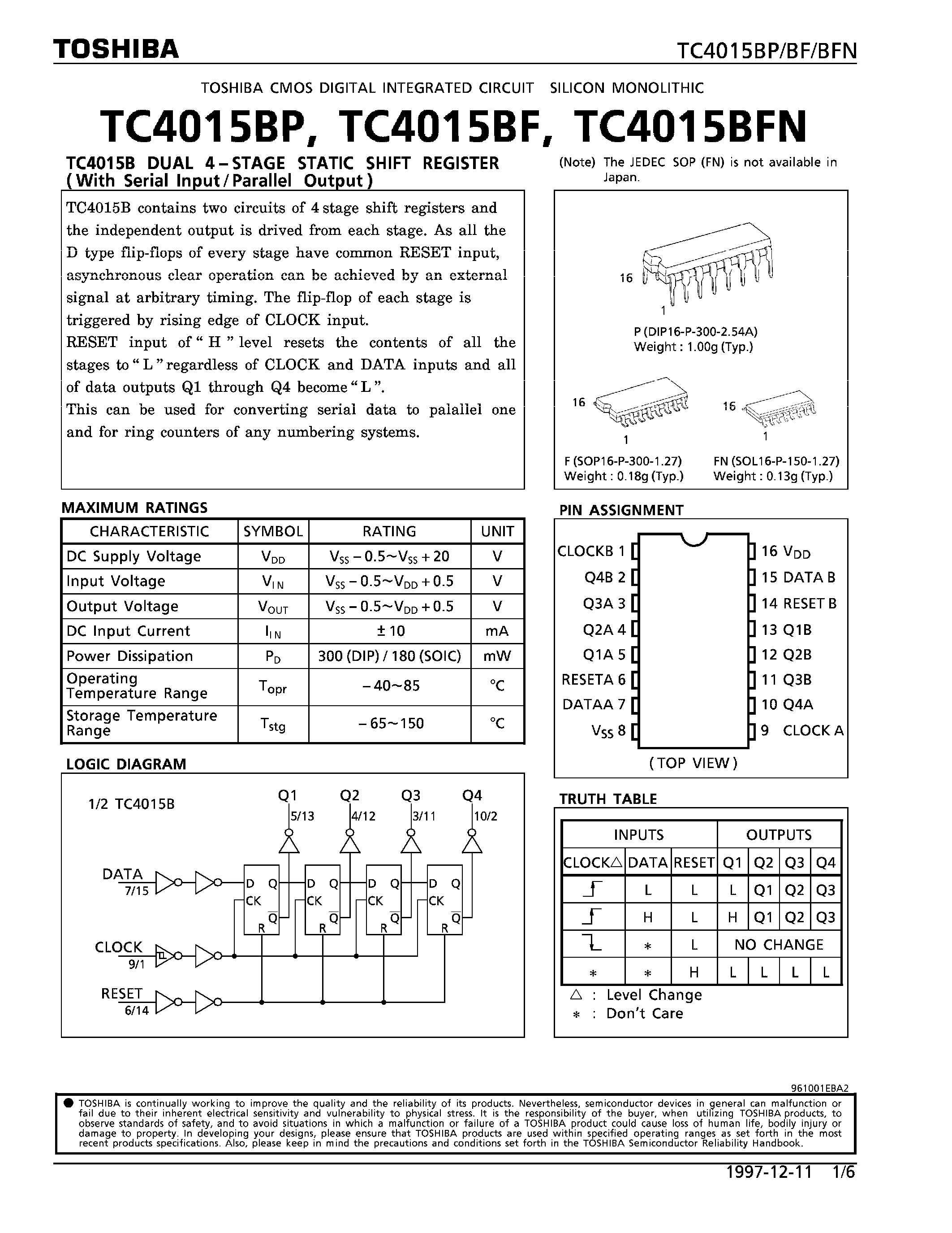 Даташит TC4015 - DUAL 4-STAGE STATIC SHIFT REGISTER страница 1