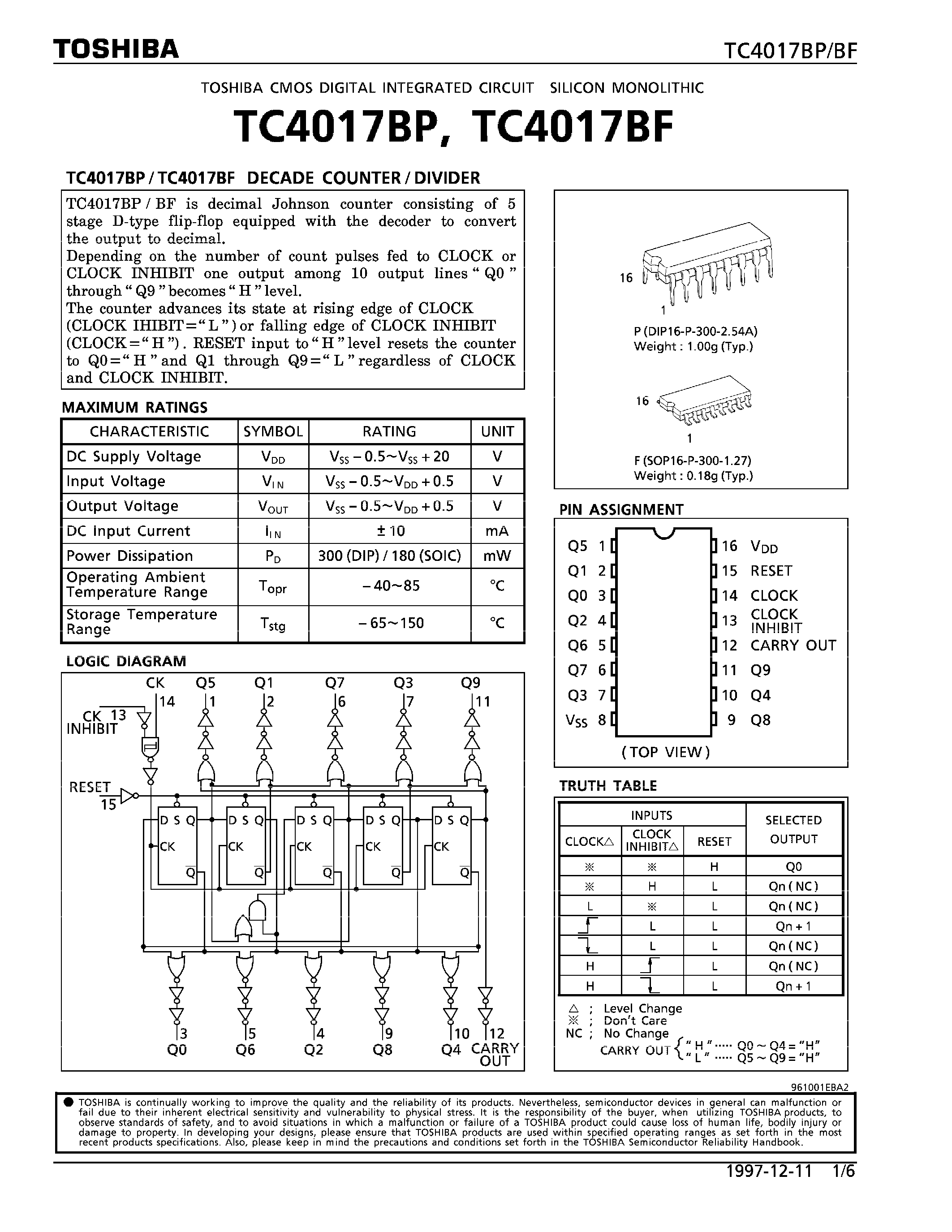 Даташит TC4017 - DECADE COUNTER/DIVIDER страница 1