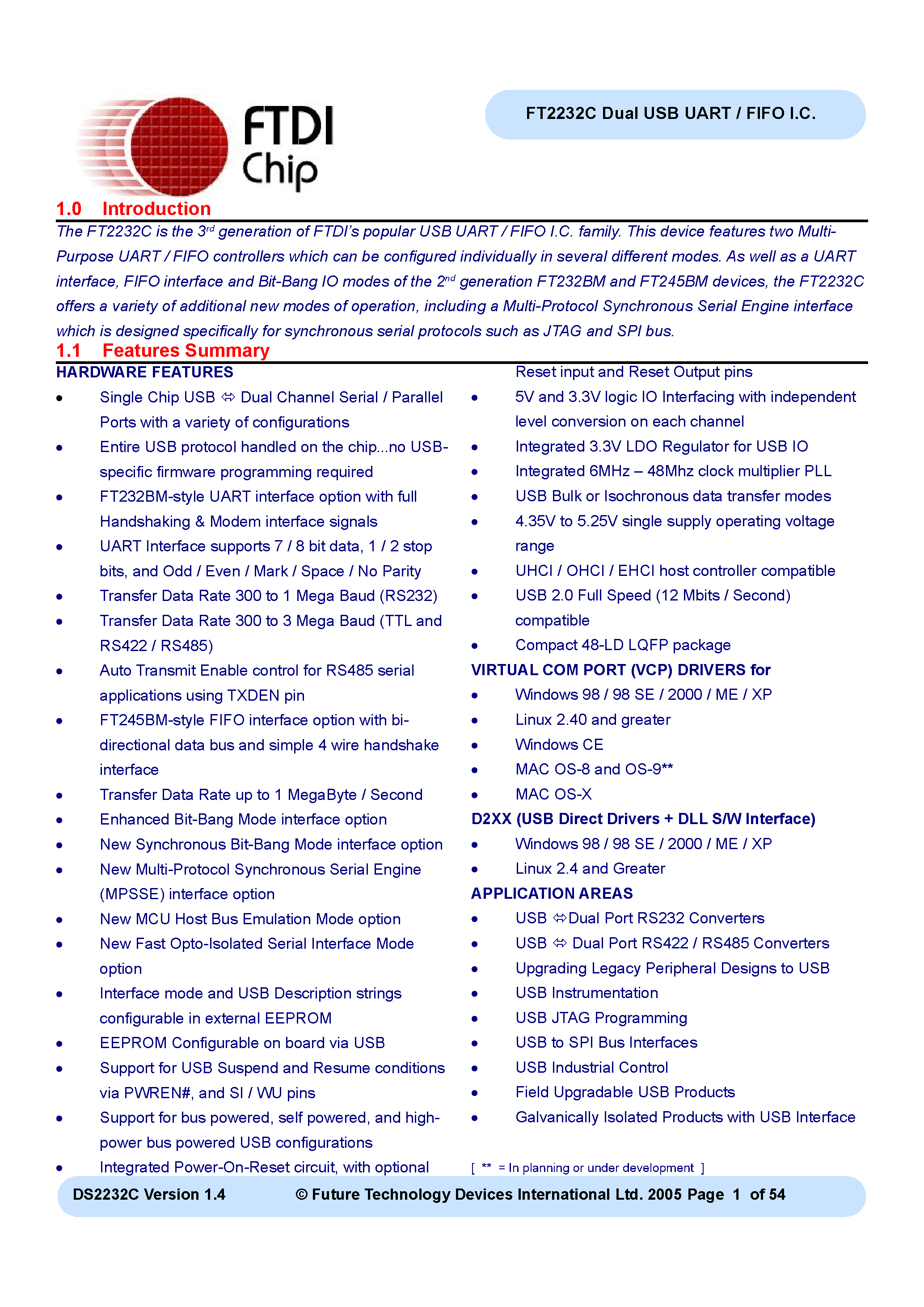 Datasheet FT2232C - Dual USB UART / FIFO I.C page 1