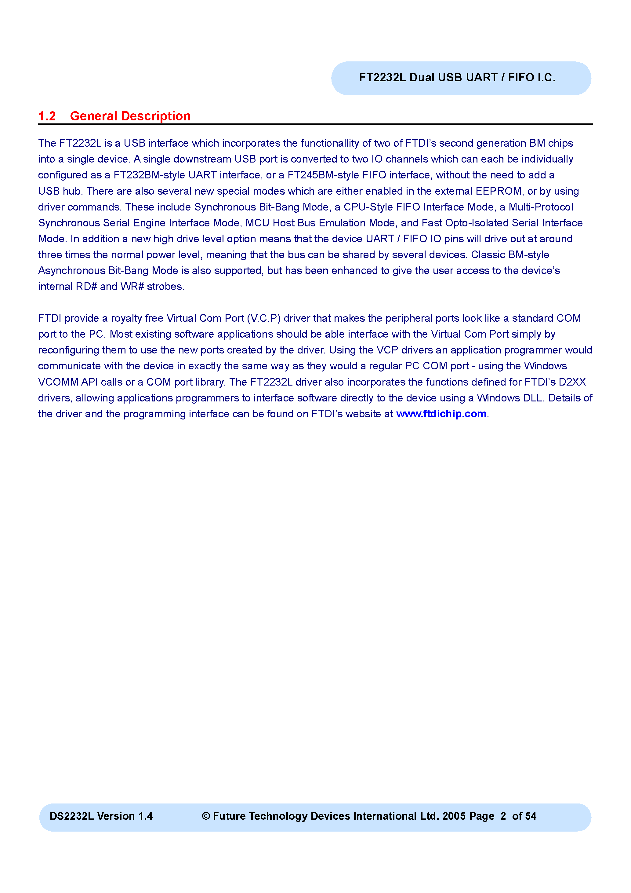 Datasheet FT2232L - Dual USB UART / FIFO I.C page 2