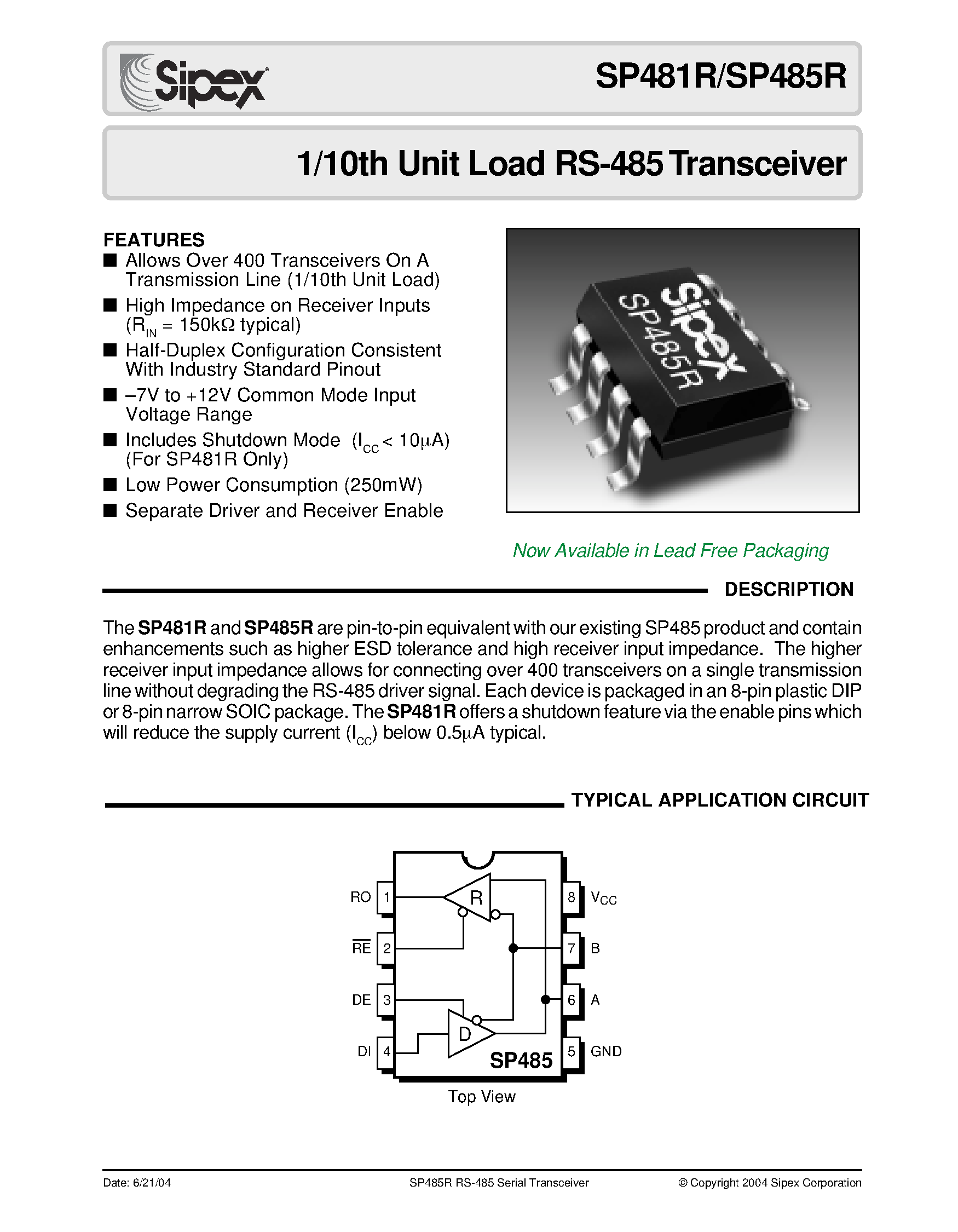 Даташит SP481R - High-Fanout RS-485 Transceiver страница 1