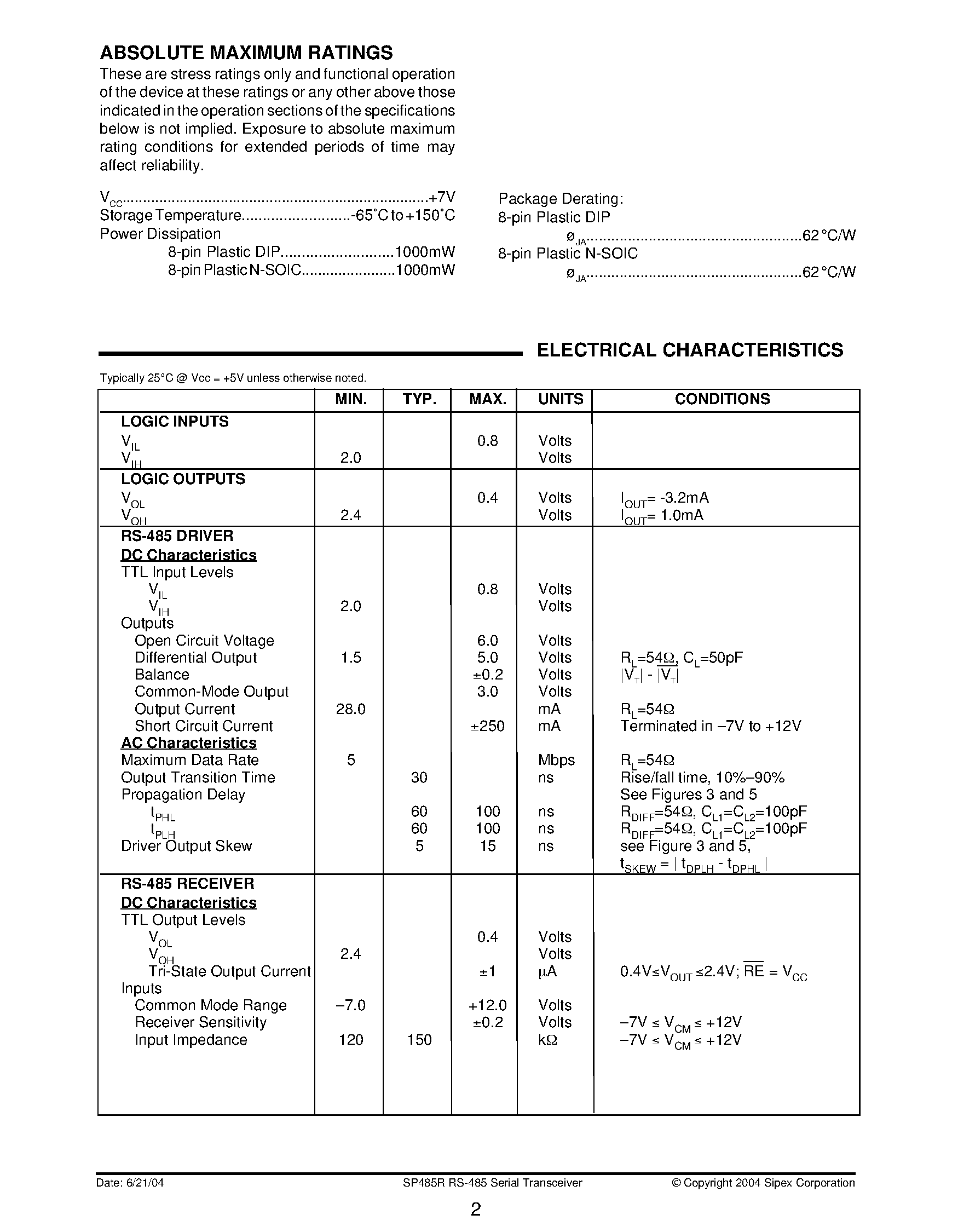 Даташит SP481R - High-Fanout RS-485 Transceiver страница 2