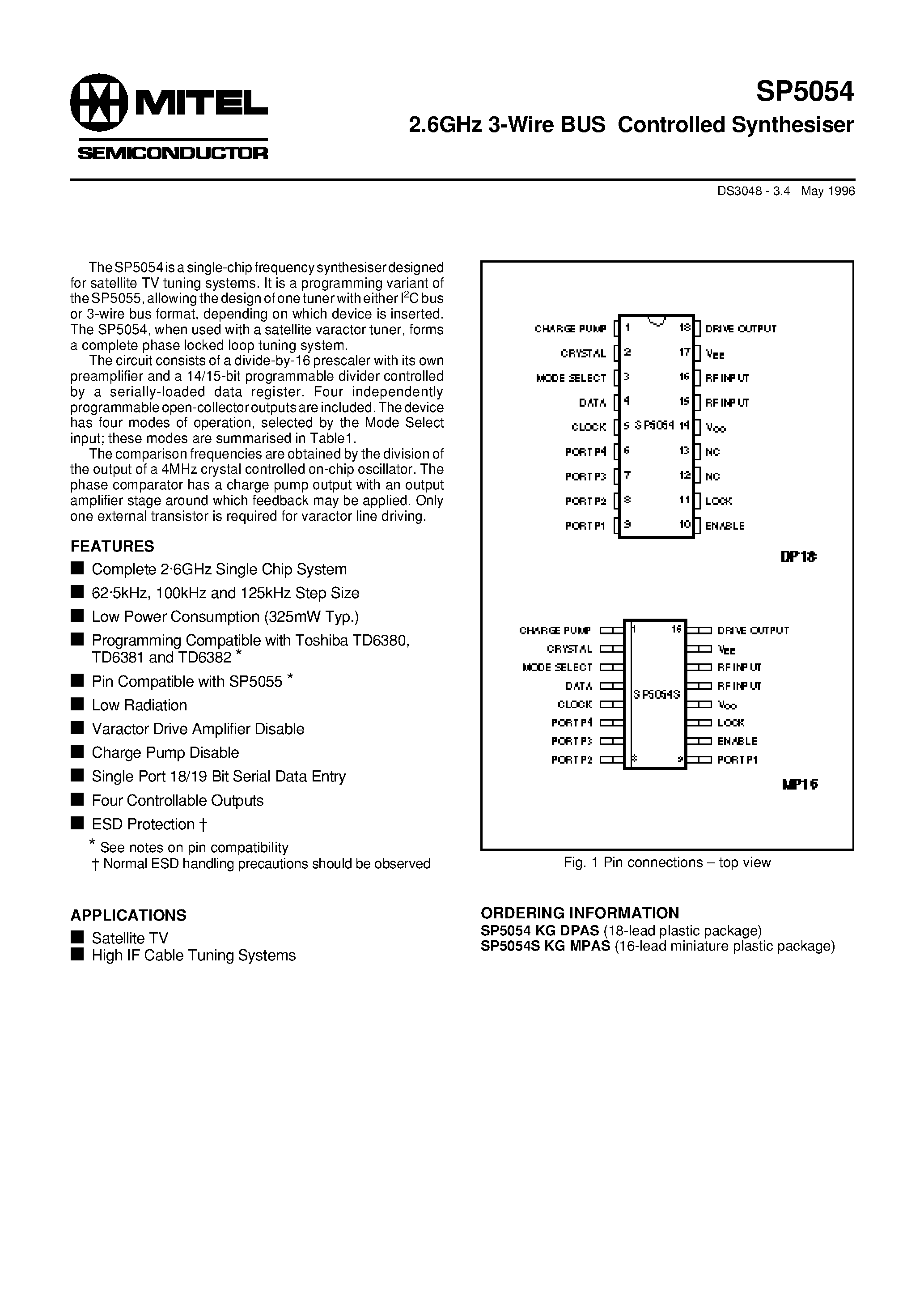 Даташит SP5054 - 2.6GHz 3-Wire BUS Controlled Synthesiser страница 1