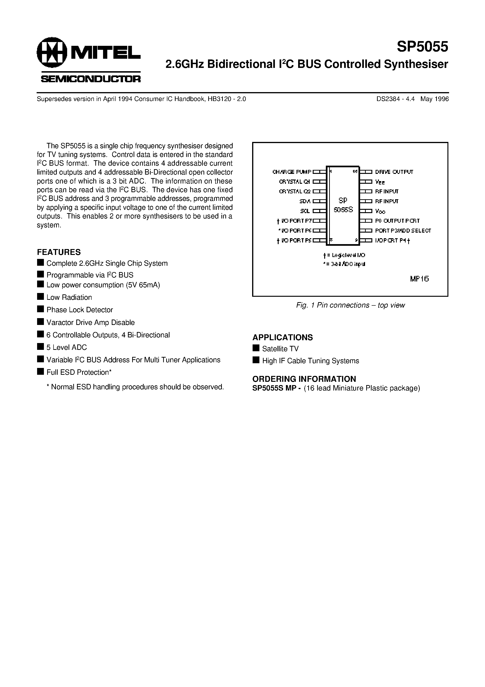 Даташит SP5055 - 2.6GHz Bidirectional I2C BUS Controlled Synthesiser страница 1