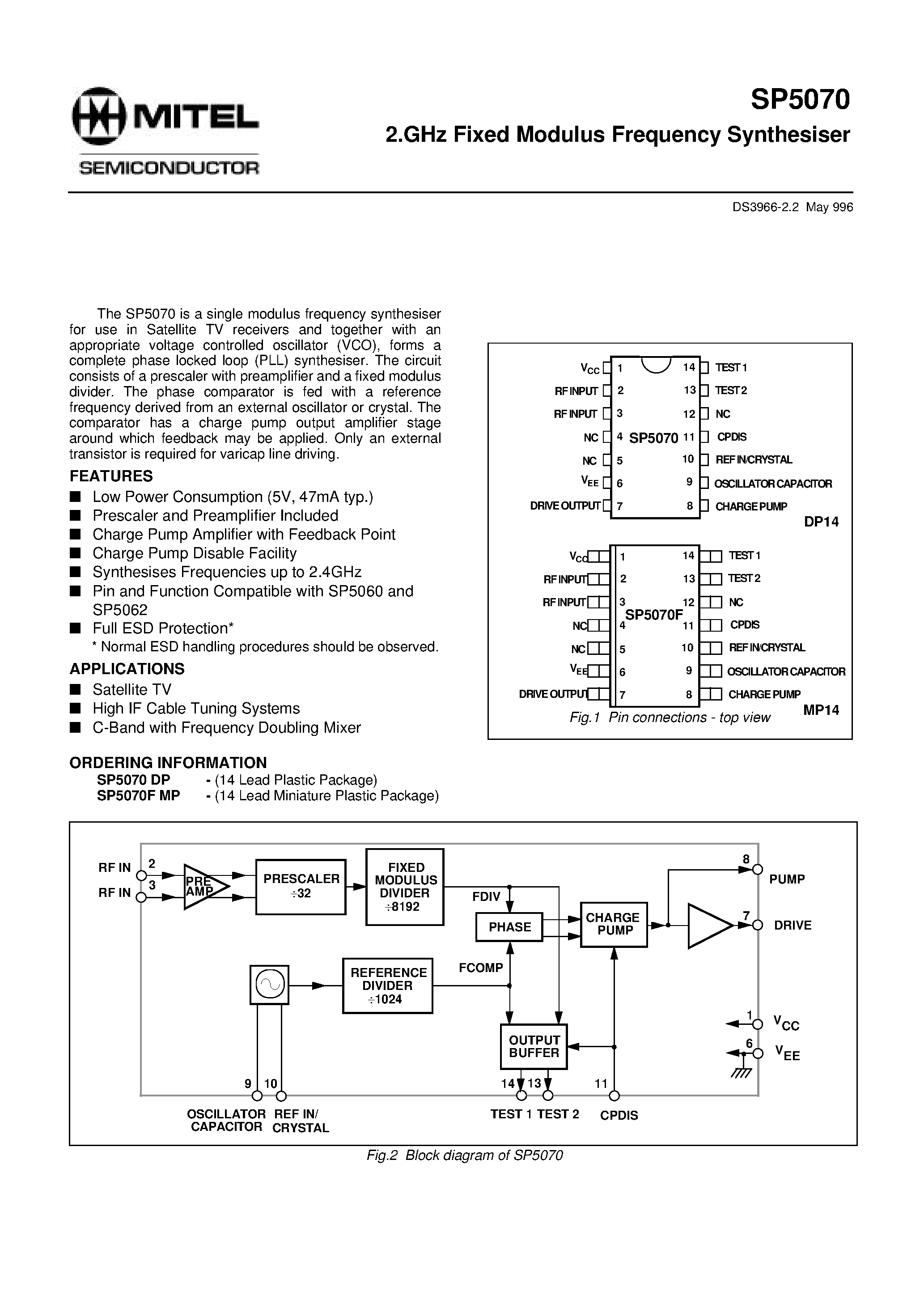 Даташит SP5070 - 2.GHz Fixed Modulus Frequency Synthesiser страница 1