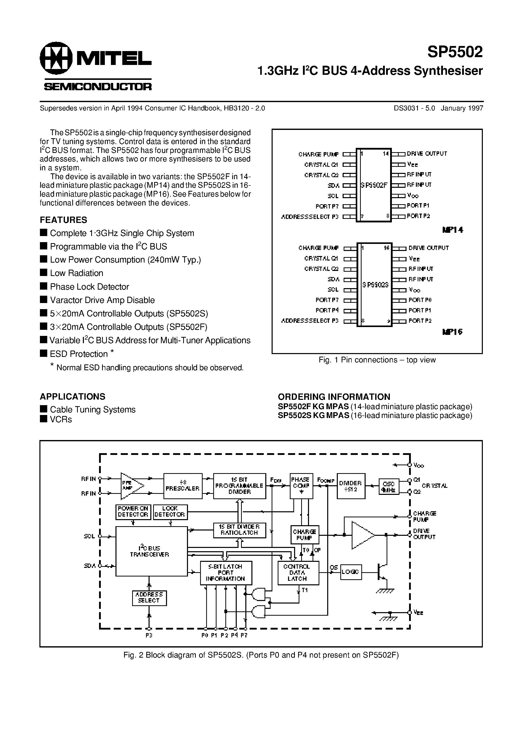 Даташит SP5502 - 1.3GHz I2C BUS 4-Address Synthesiser страница 1