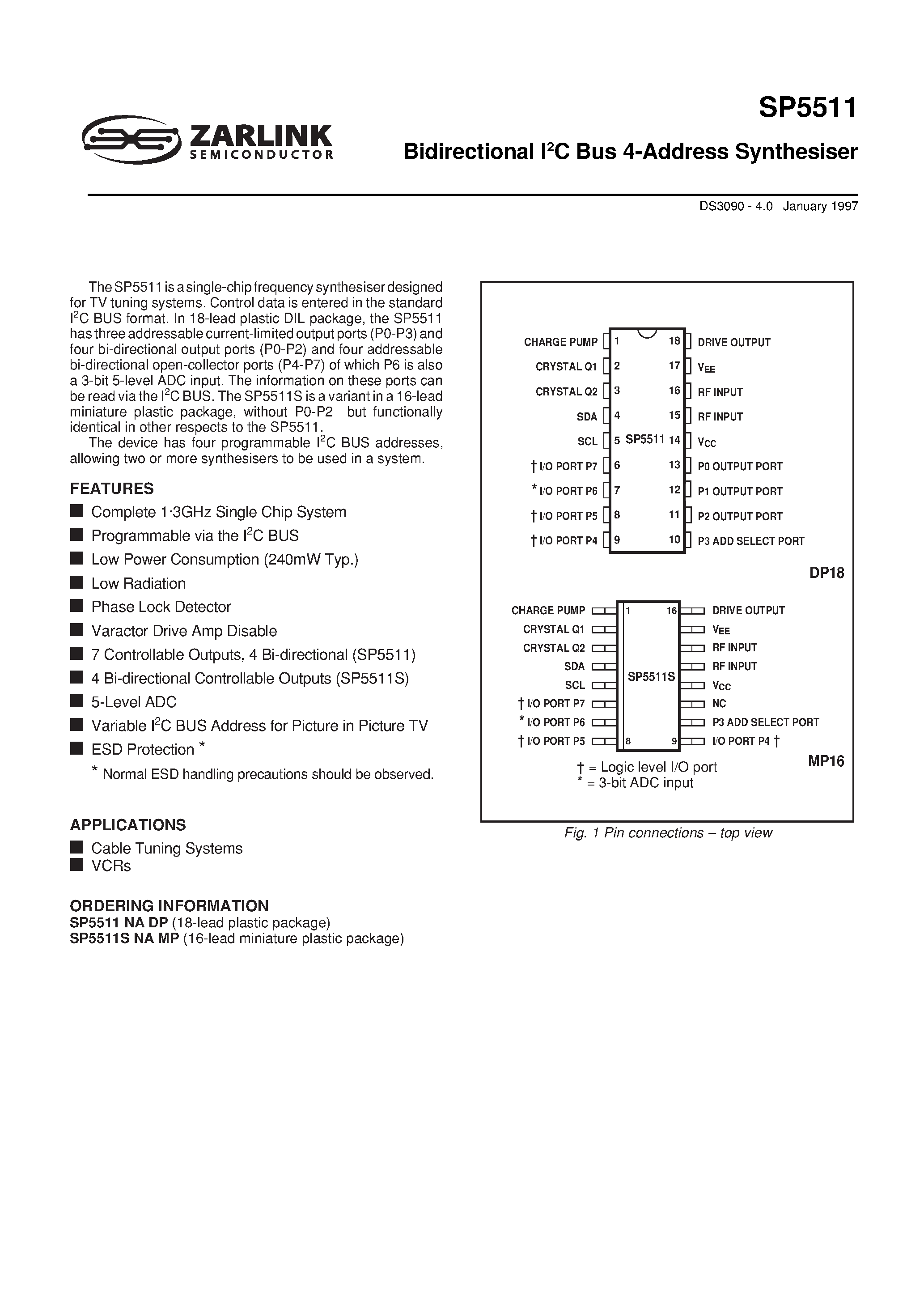 Даташит SP5511 - Bidirectional I2C Bus 4-Address Synthesiser страница 1