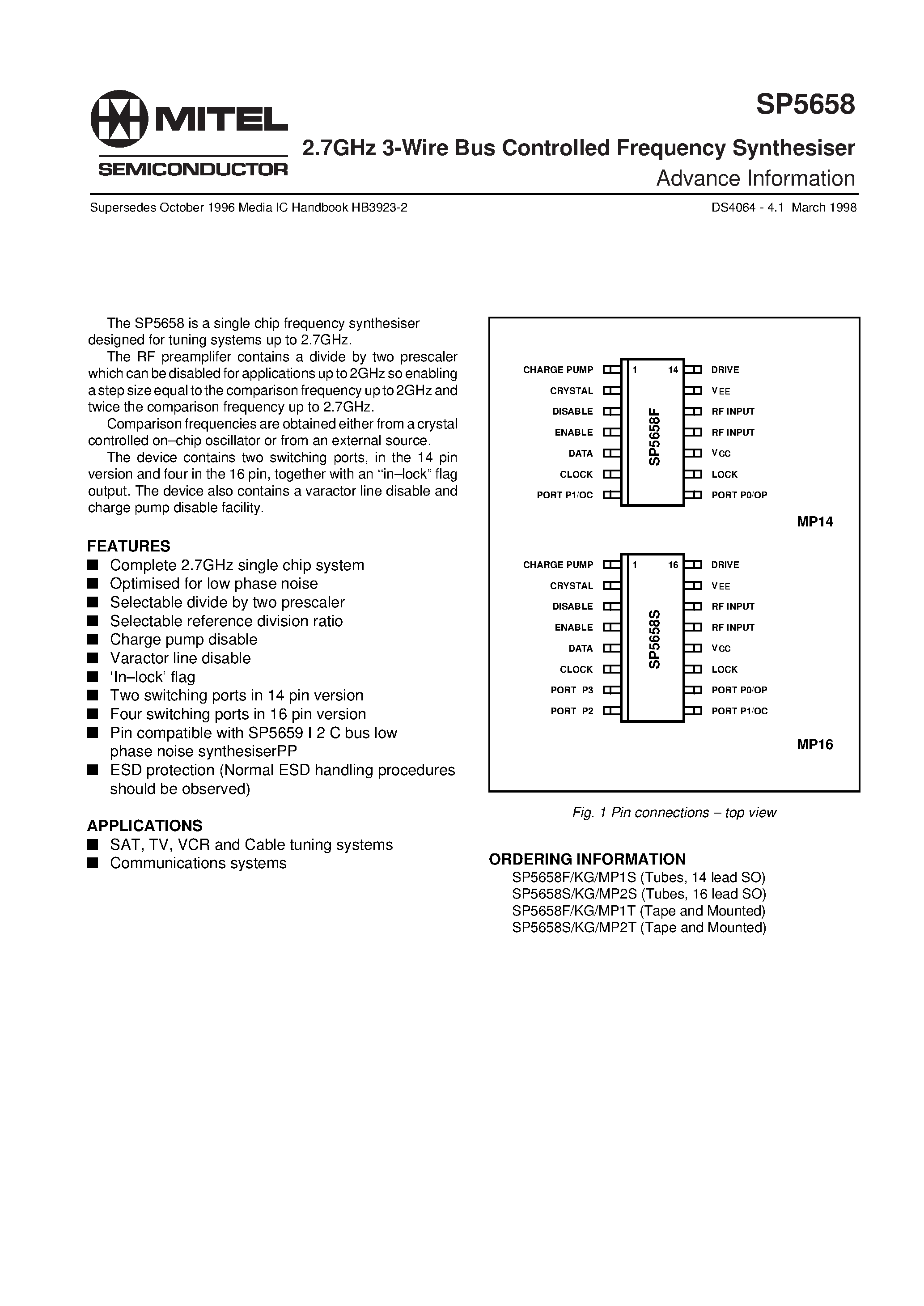 Даташит SP5658 - 2.7GHz 3-Wire Bus Controlled Frequency Synthesiser страница 1