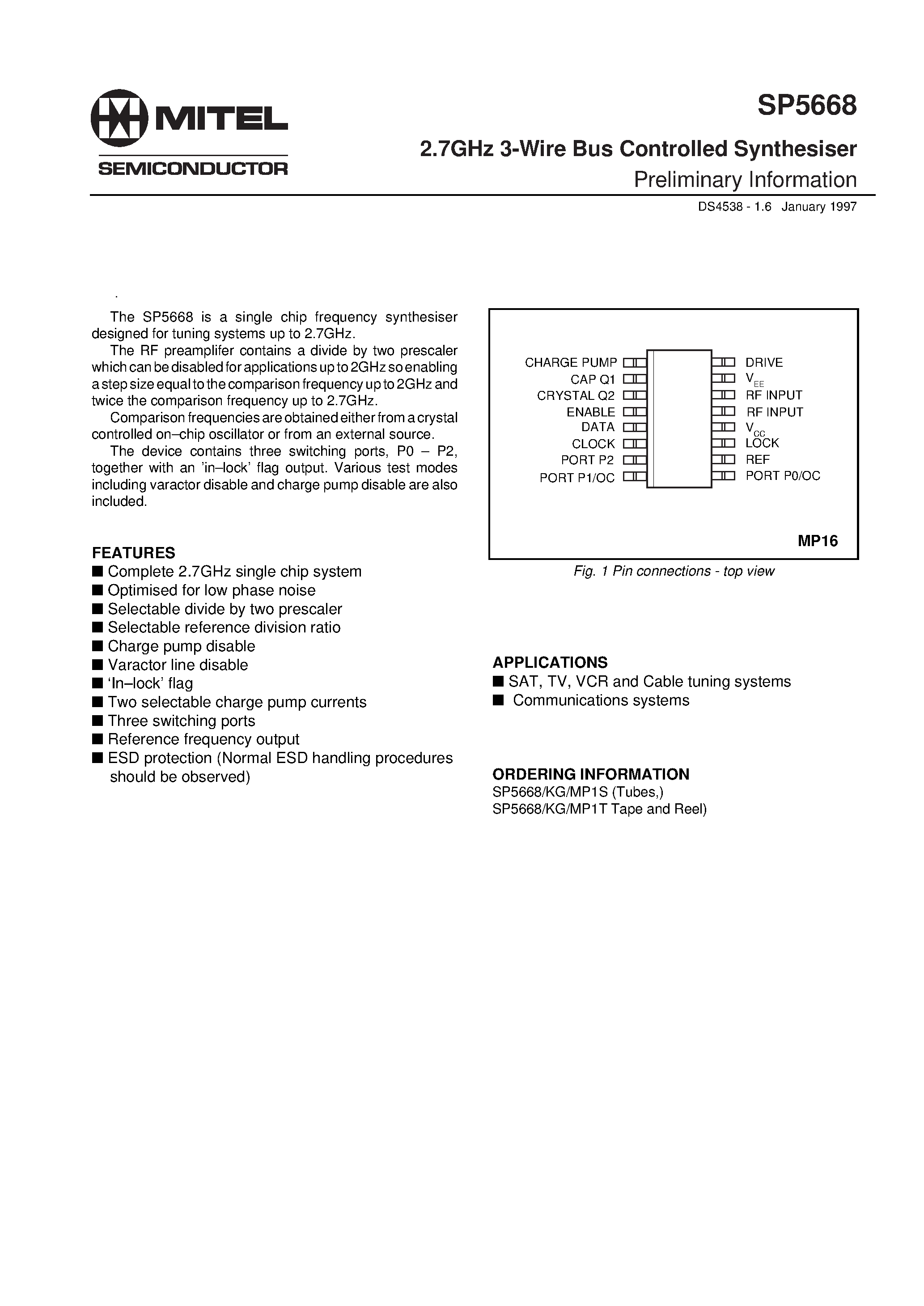 Даташит SP5668 - 2.7GHz 3-Wire Bus Controlled Synthesiser страница 1