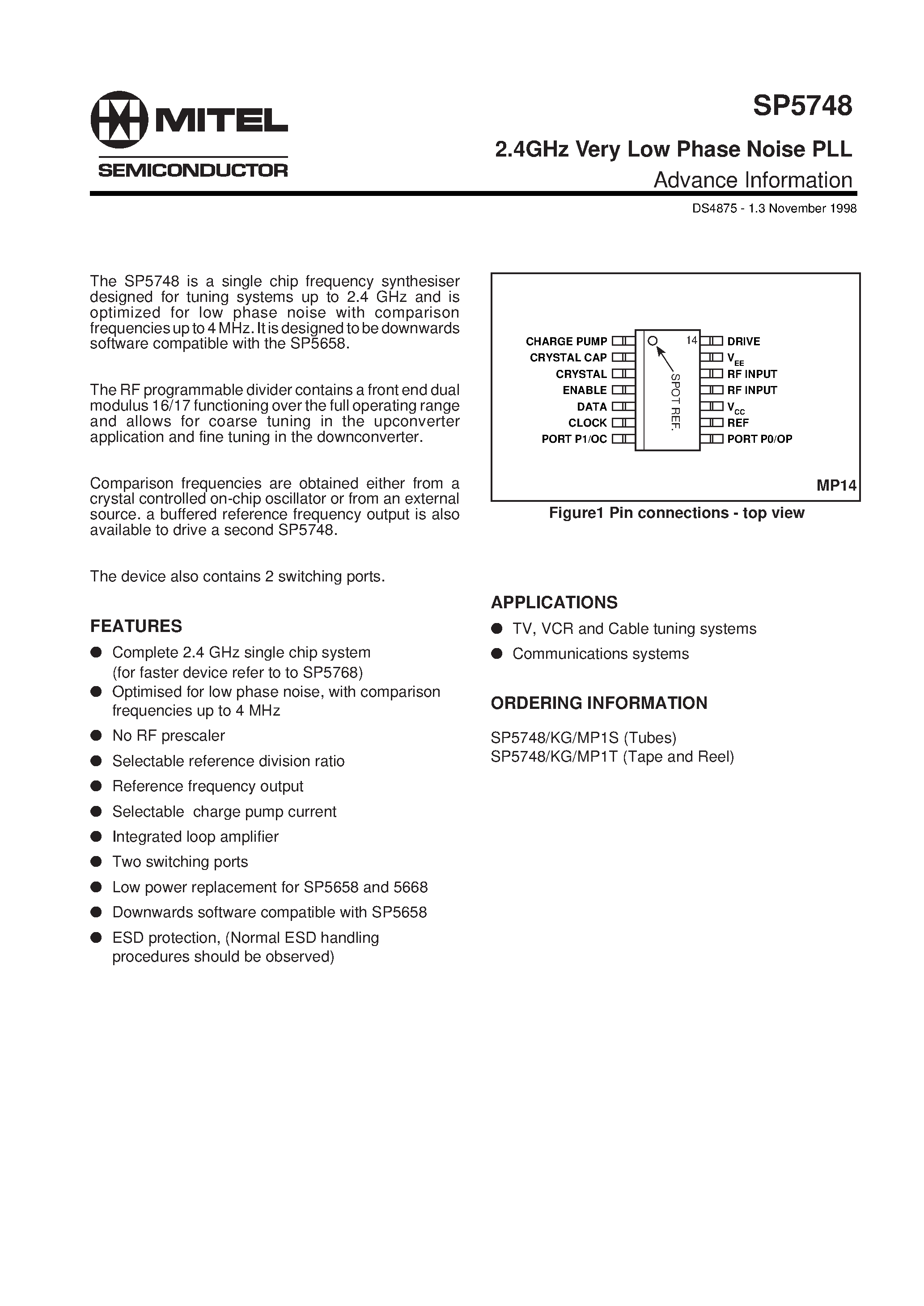 Даташит SP5748 - 2.4GHz Very Low Phase Noise PLL страница 1