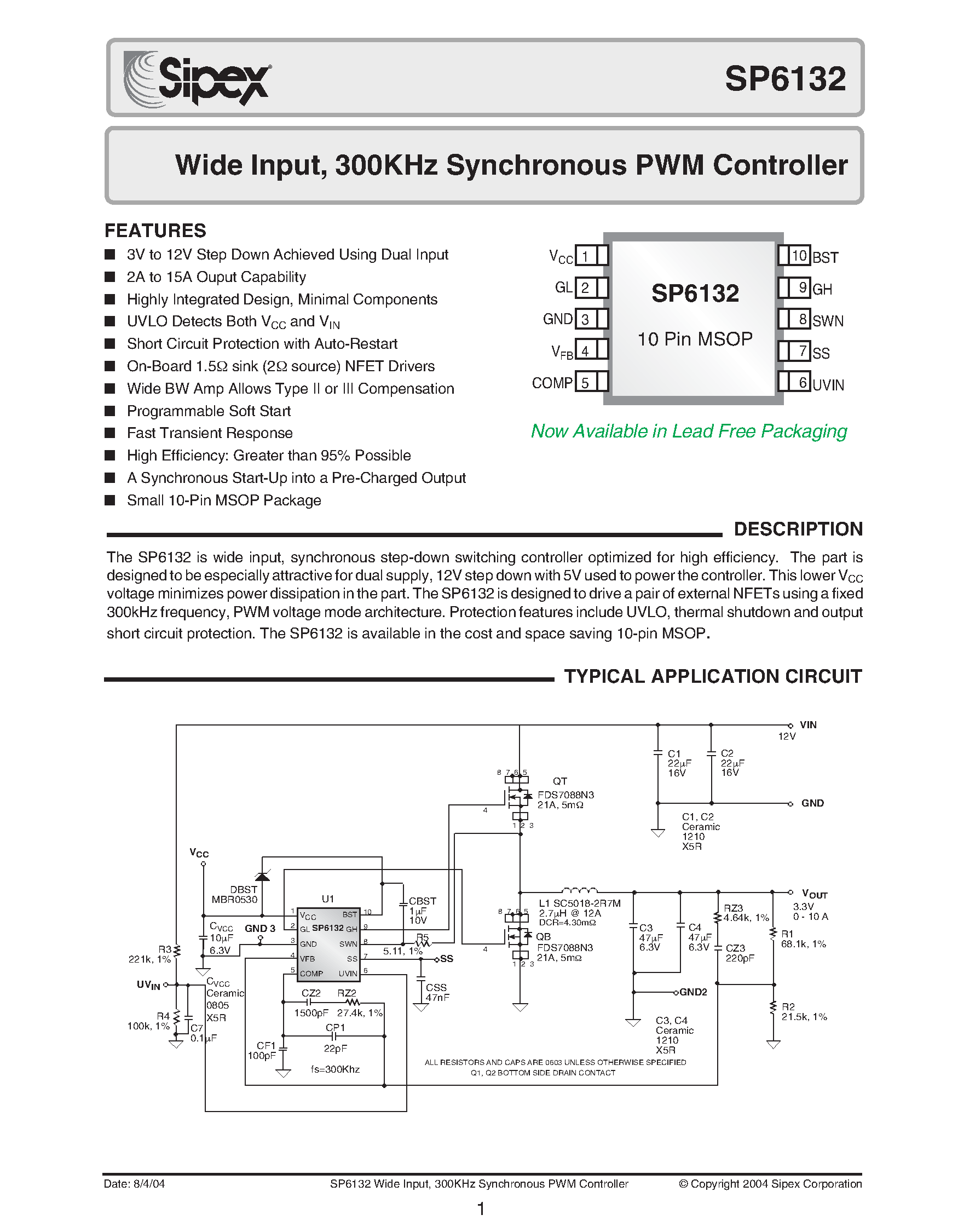 Datasheet SP6132CU-L - Wide Input / 300KHz Synchronous PWM Controller page 1