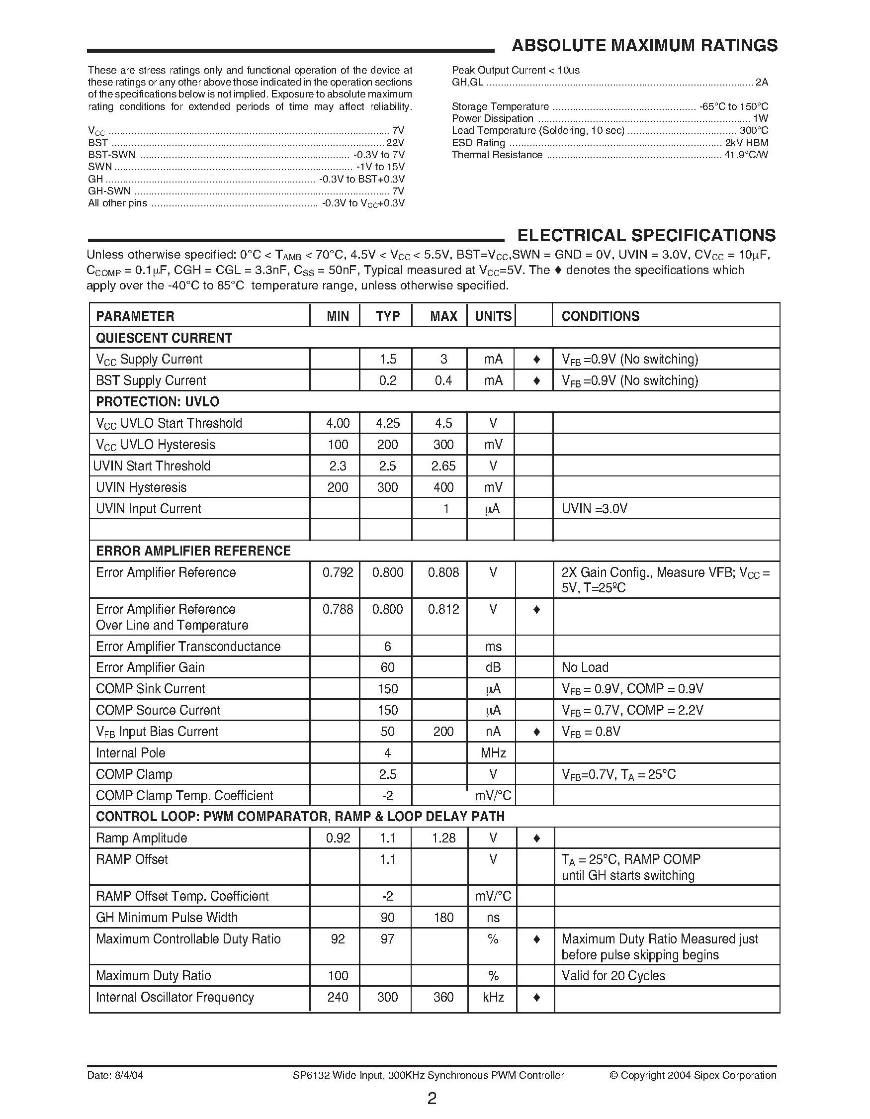 Datasheet SP6132CU-L - Wide Input / 300KHz Synchronous PWM Controller page 2