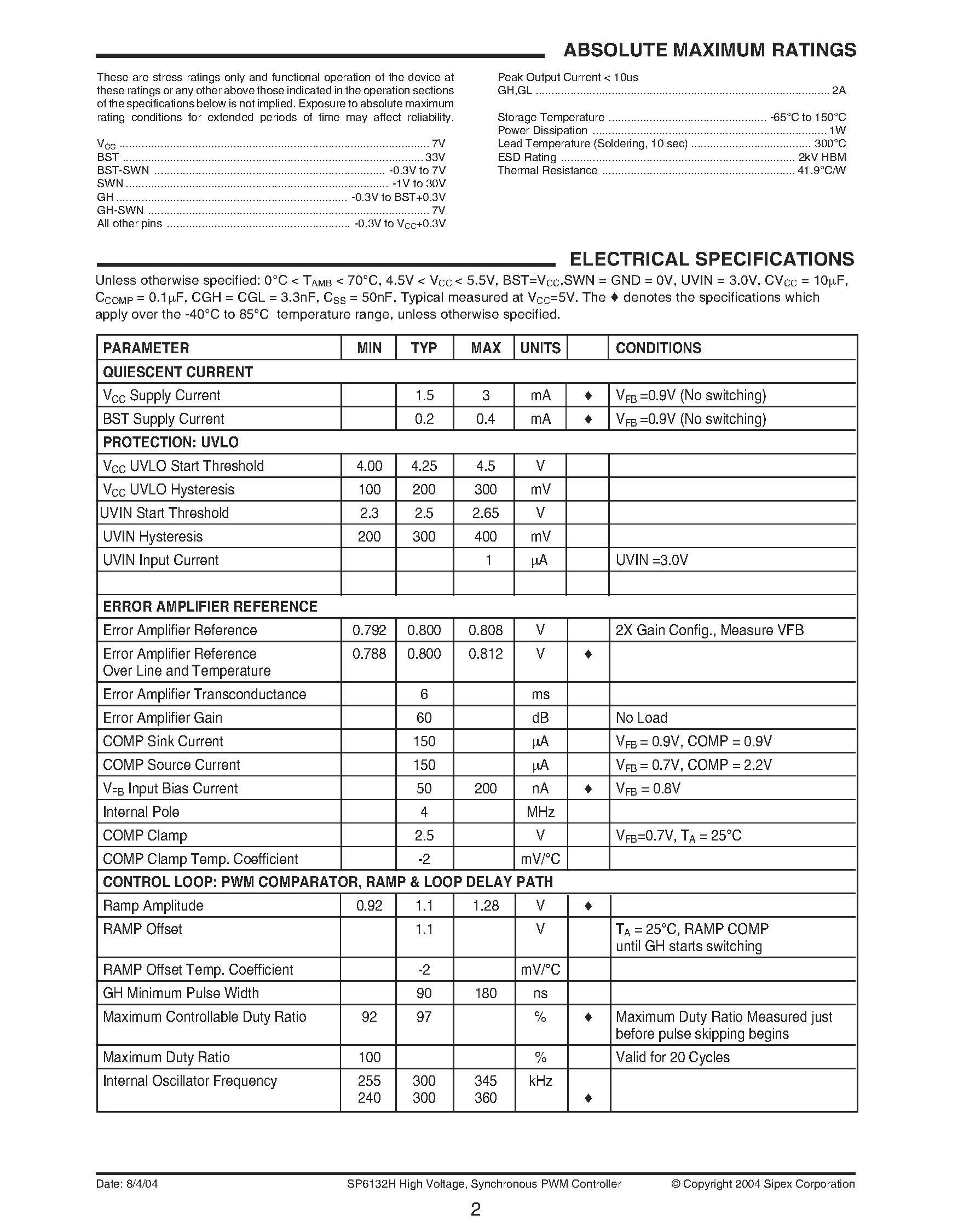 Datasheet SP6132HEU-L - High Voltage Synchronous Buck Controller page 2