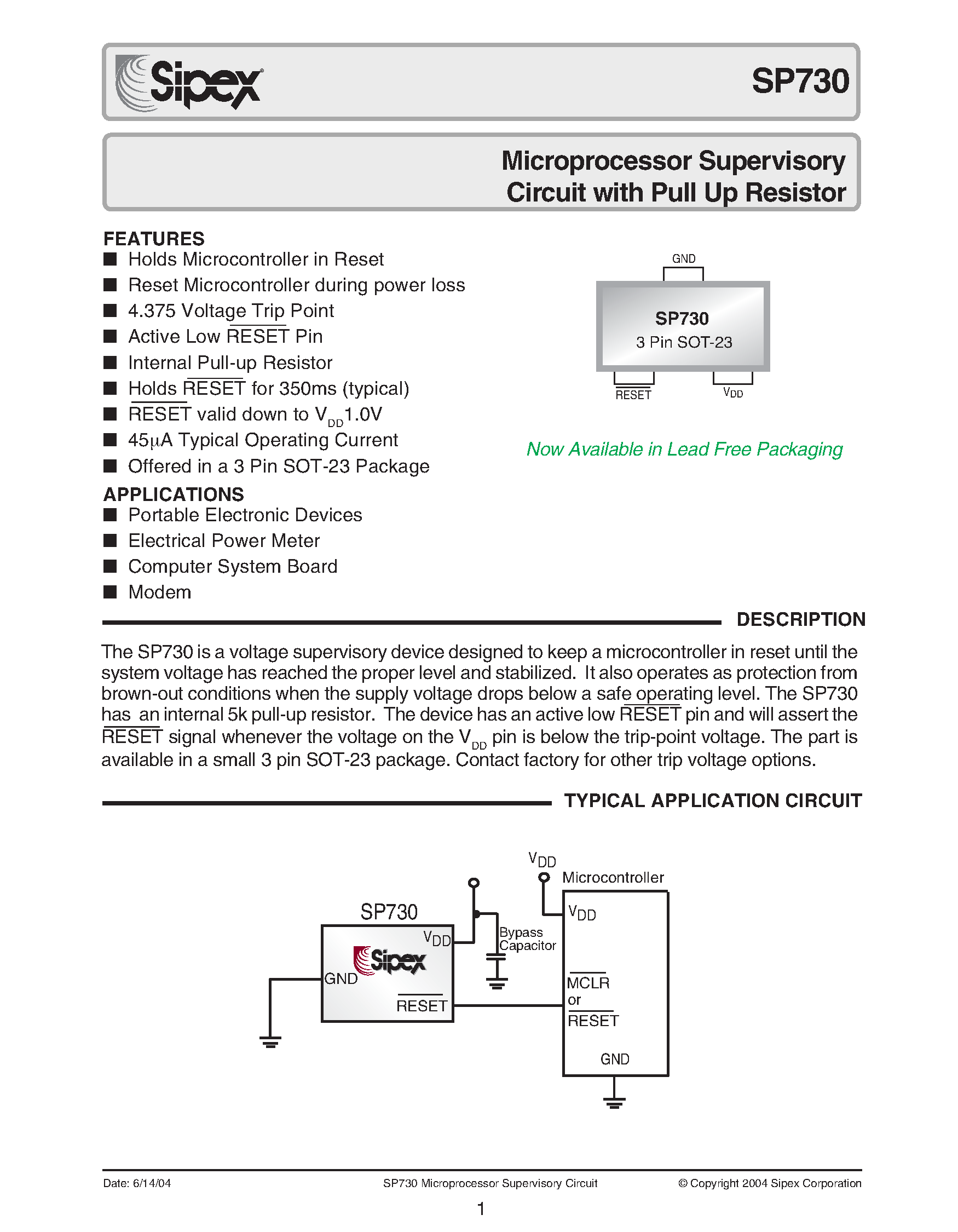 Даташит SP730EK-4.375 - Microprocessor Supervisory Circuit with Pull Up Resistor страница 1