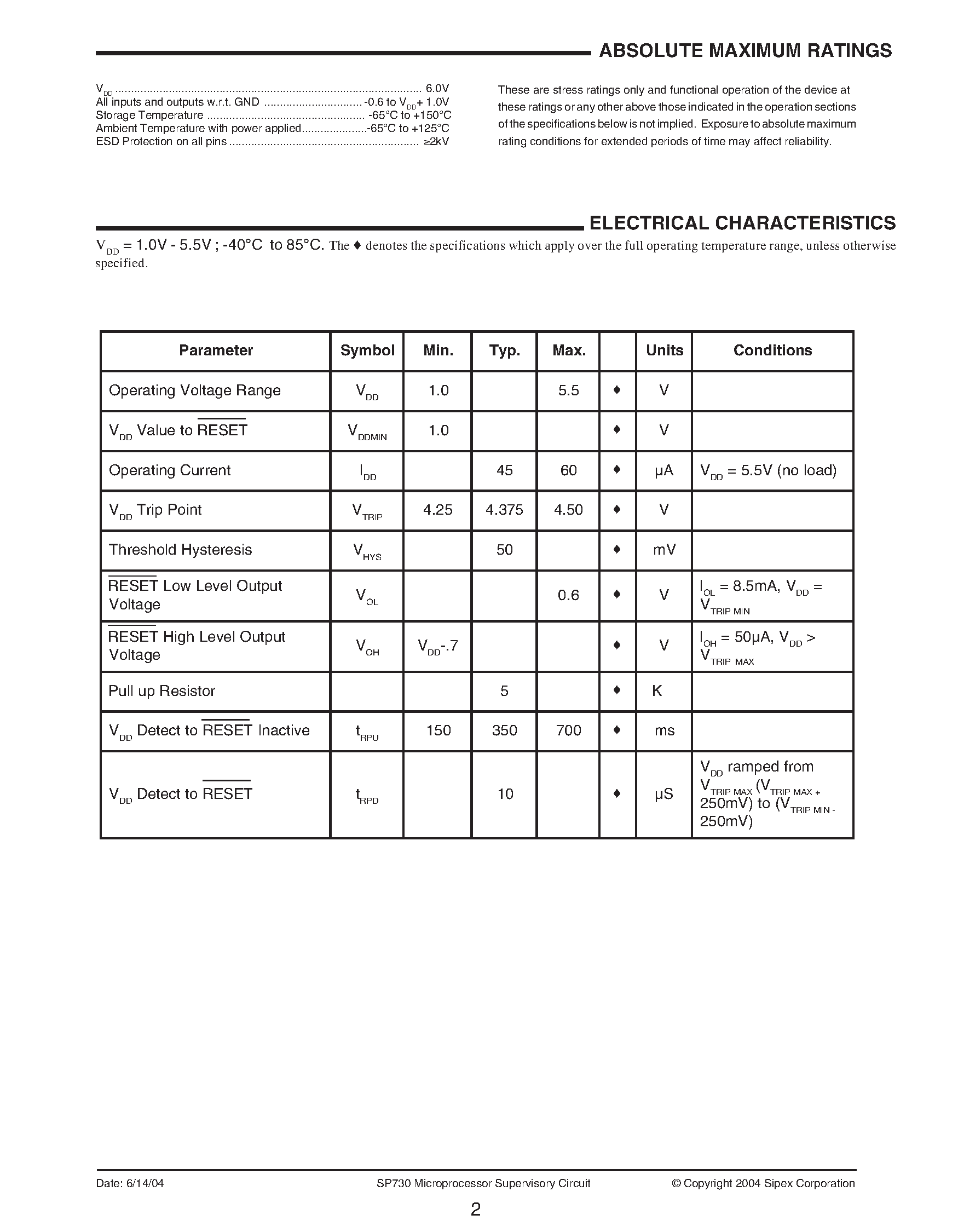 Даташит SP730EK-4.375 - Microprocessor Supervisory Circuit with Pull Up Resistor страница 2