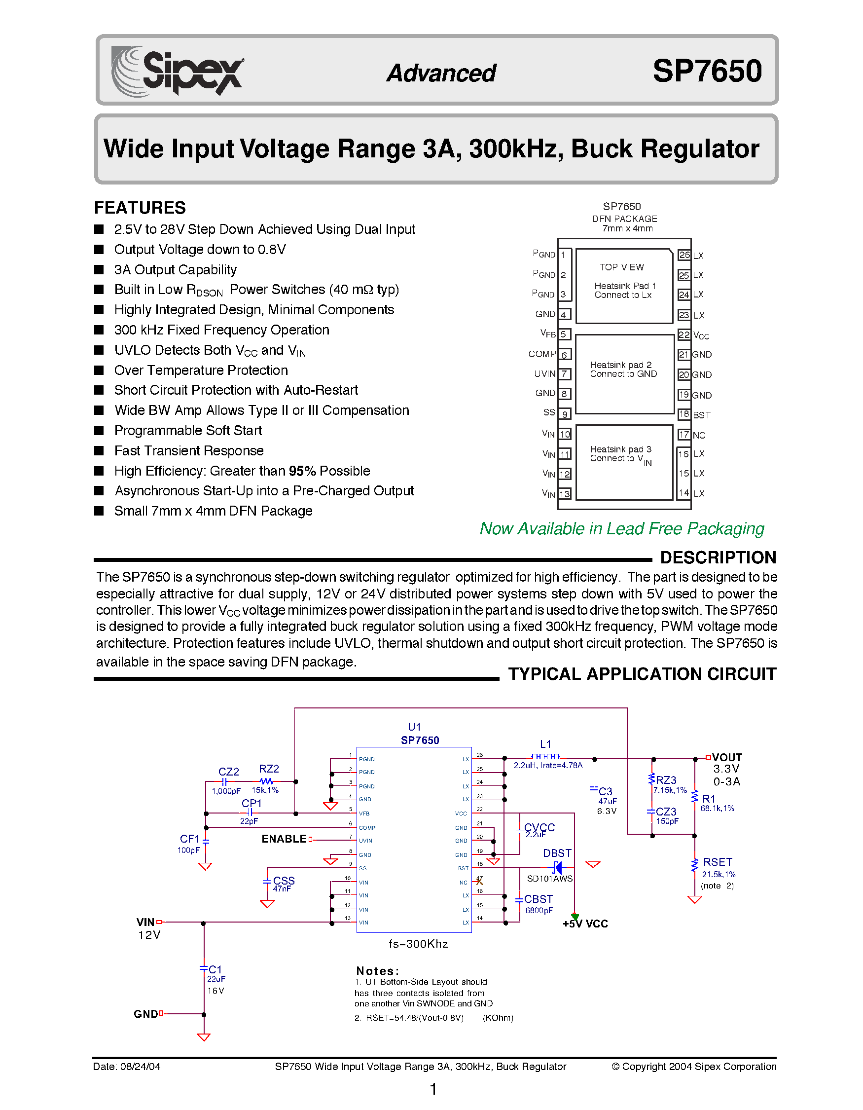 Datasheet SP7650ER-L/TR - Wide Input Voltage Range 3A / 300kHz / Buck Regulator page 1