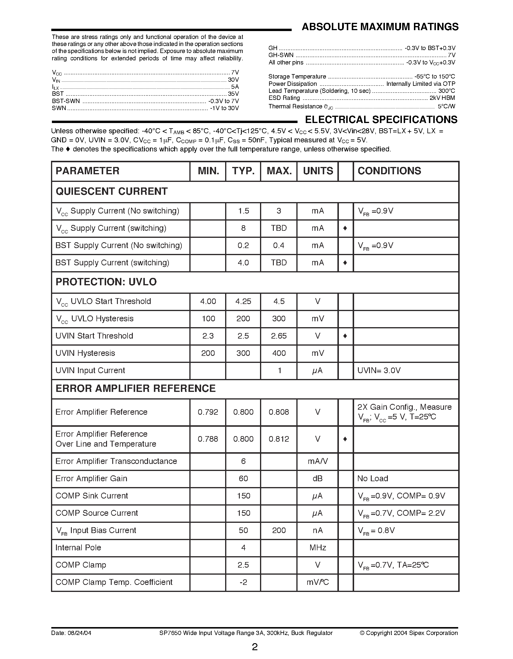 Datasheet SP7650ER-L/TR - Wide Input Voltage Range 3A / 300kHz / Buck Regulator page 2