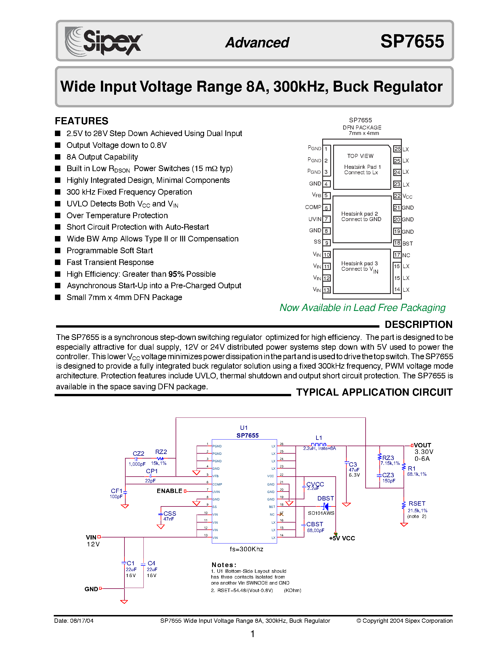 Datasheet SP7655ER-L/TR - Wide Input Voltage Range 8A / 300kHz / Buck Regulator page 1