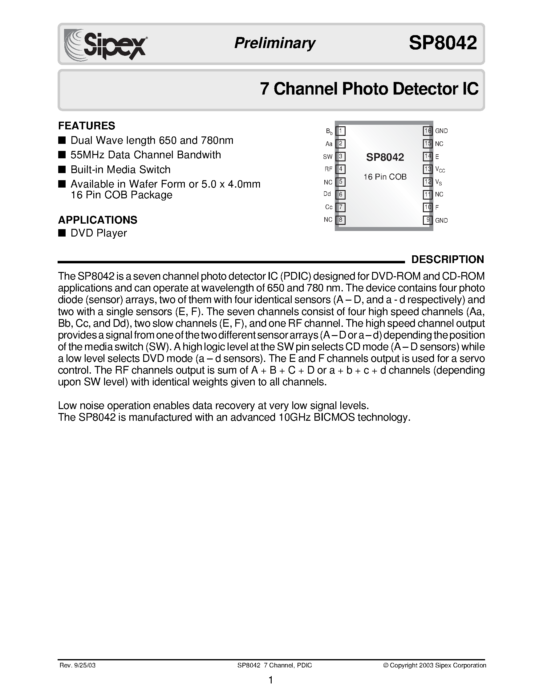 Datasheet SP8042DB - 7 Channel Photo Detector IC page 1