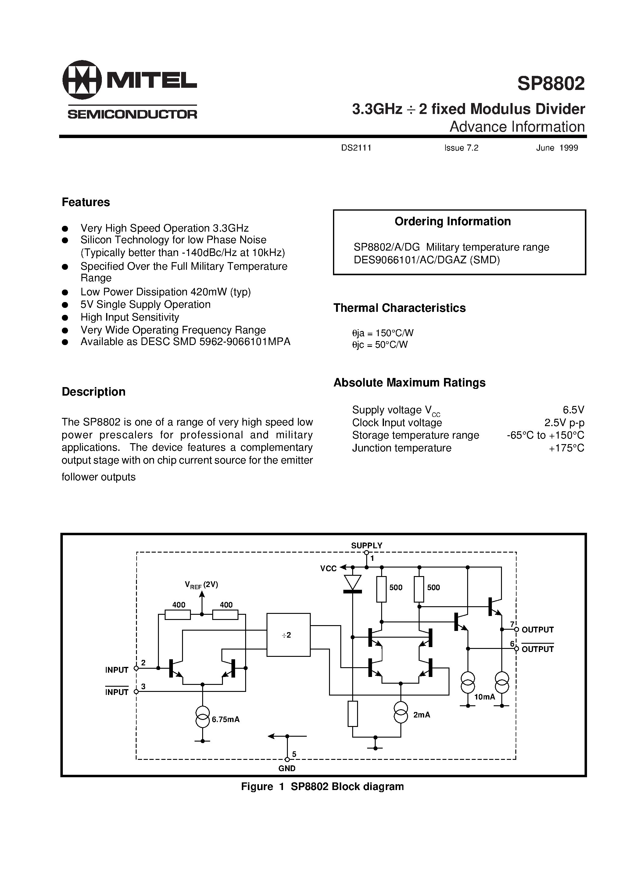 Даташит SP8802 - 3.3GHz 2 fixed Modulus Divider страница 1