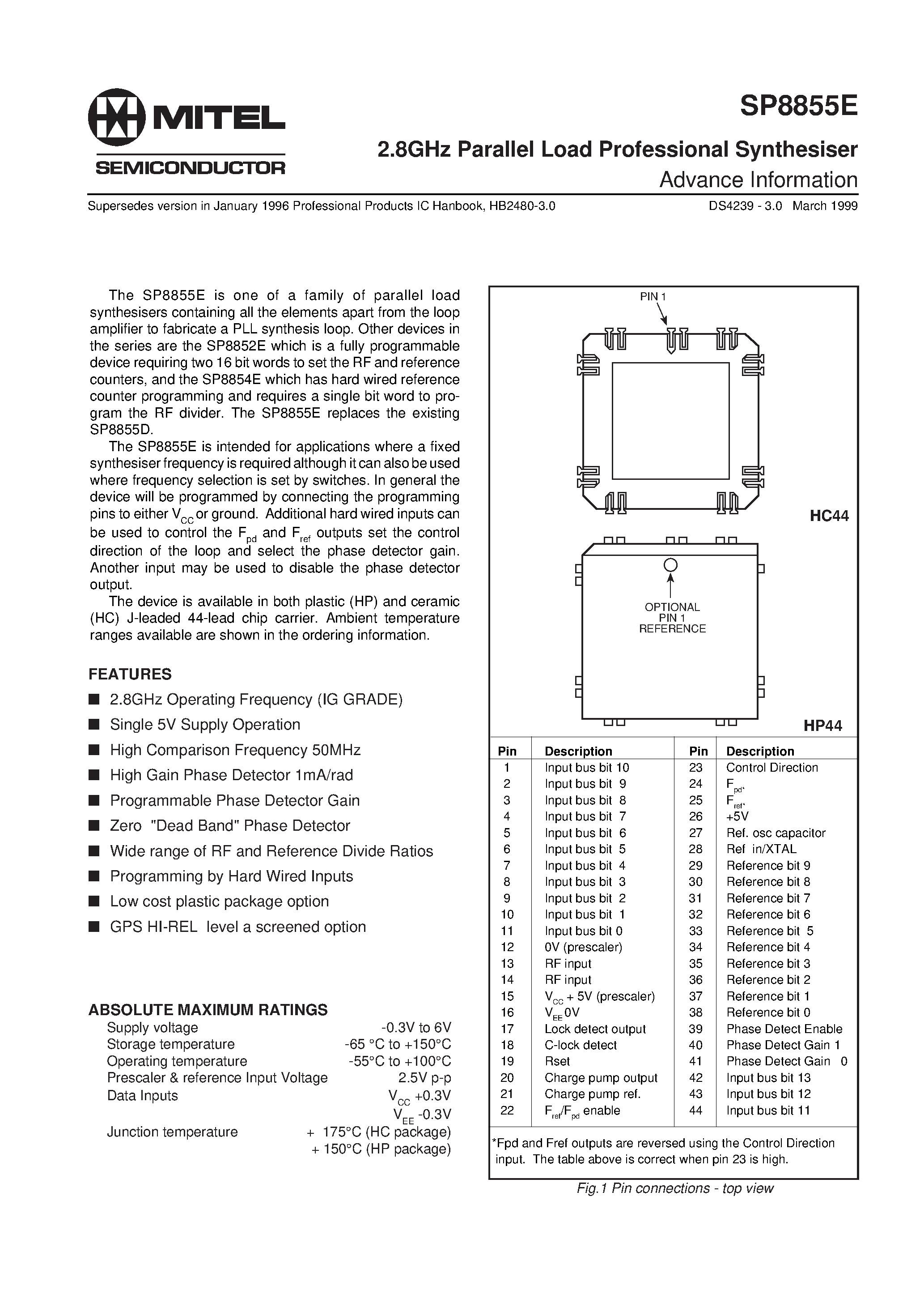 Даташит SP8855E - 2.8GHz Parallel Load Professional Synthesiser страница 1