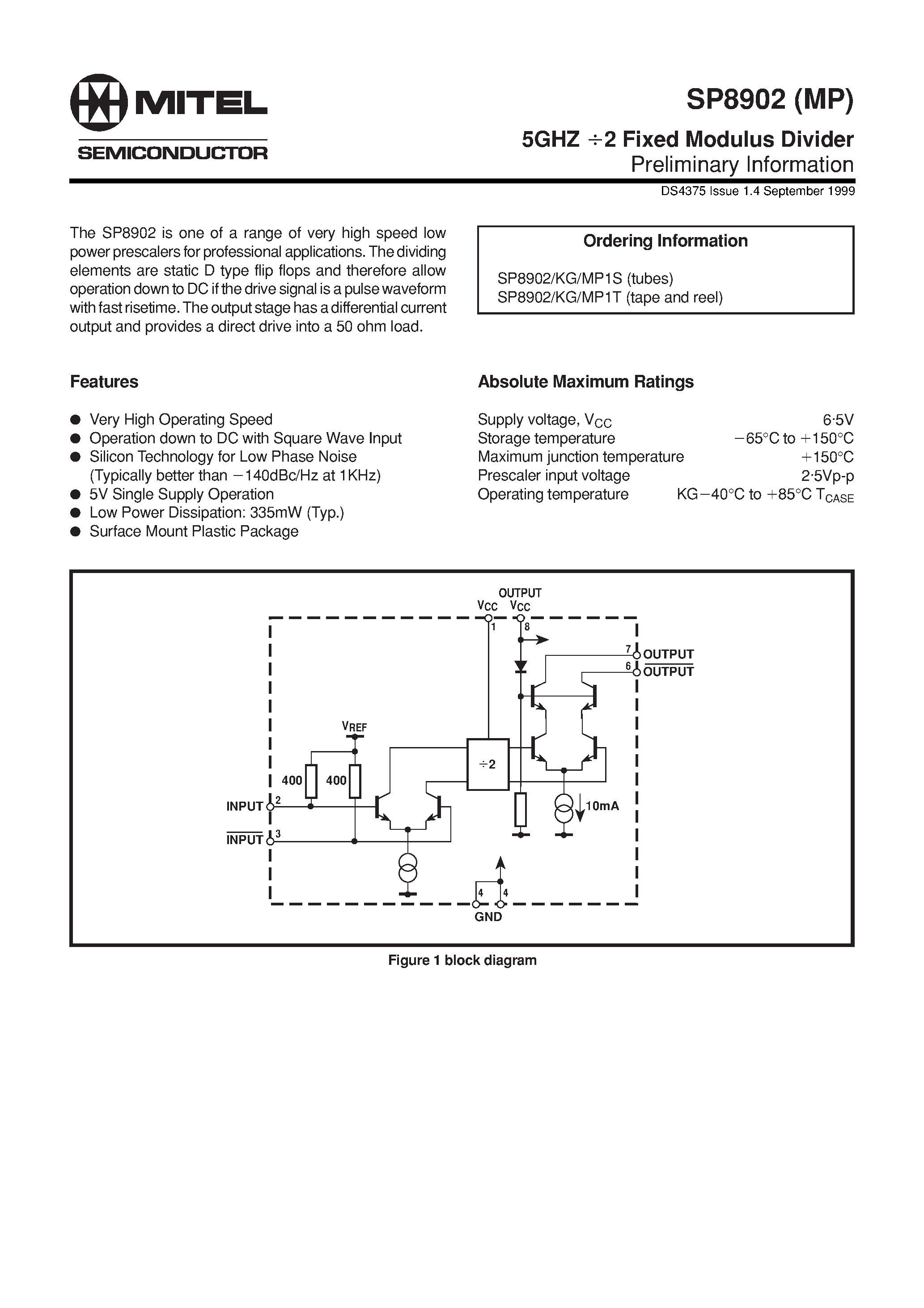 Даташит SP8902 - 5GHZ 2 Fixed Modulus Divider страница 1