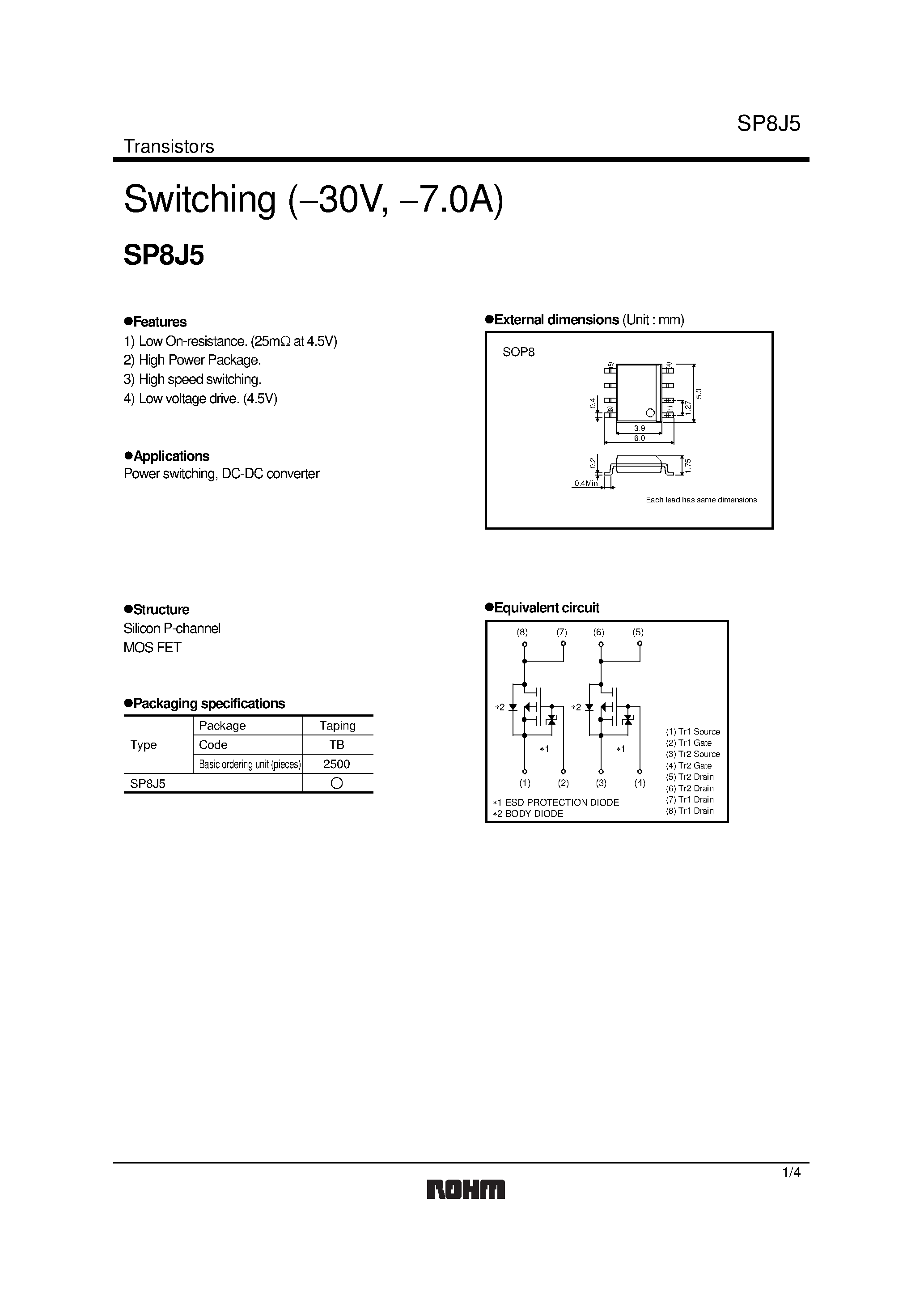 Даташит sp8j5 - Switching (30V / 7.0A) страница 1