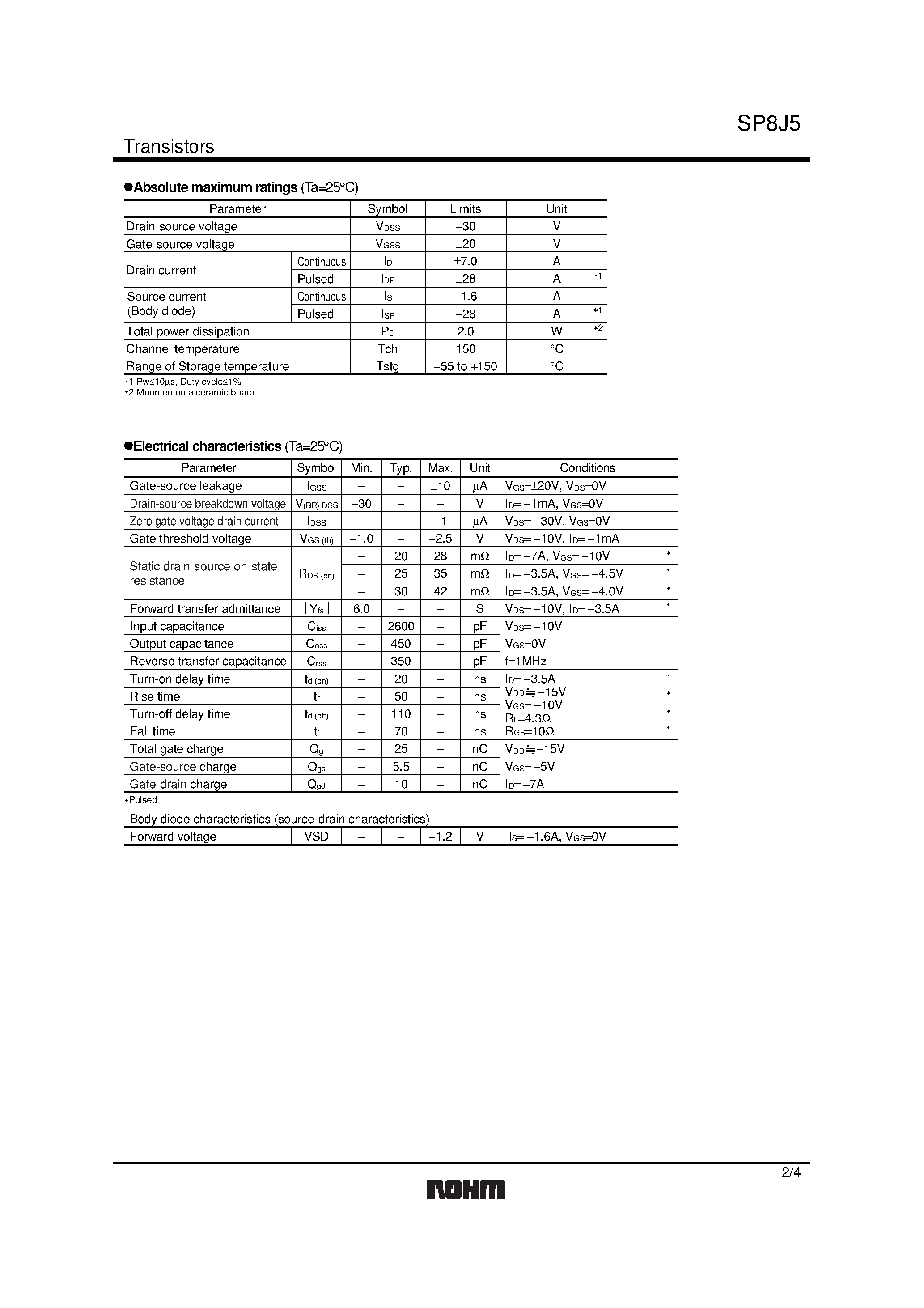 Даташит sp8j5 - Switching (30V / 7.0A) страница 2