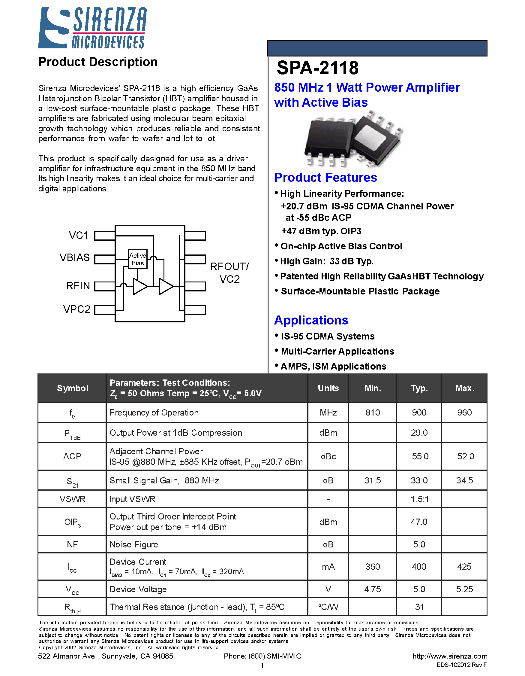 Даташит SPA-2118 - 850 MHz 1 Watt Power Amplifier with Active Bias страница 1