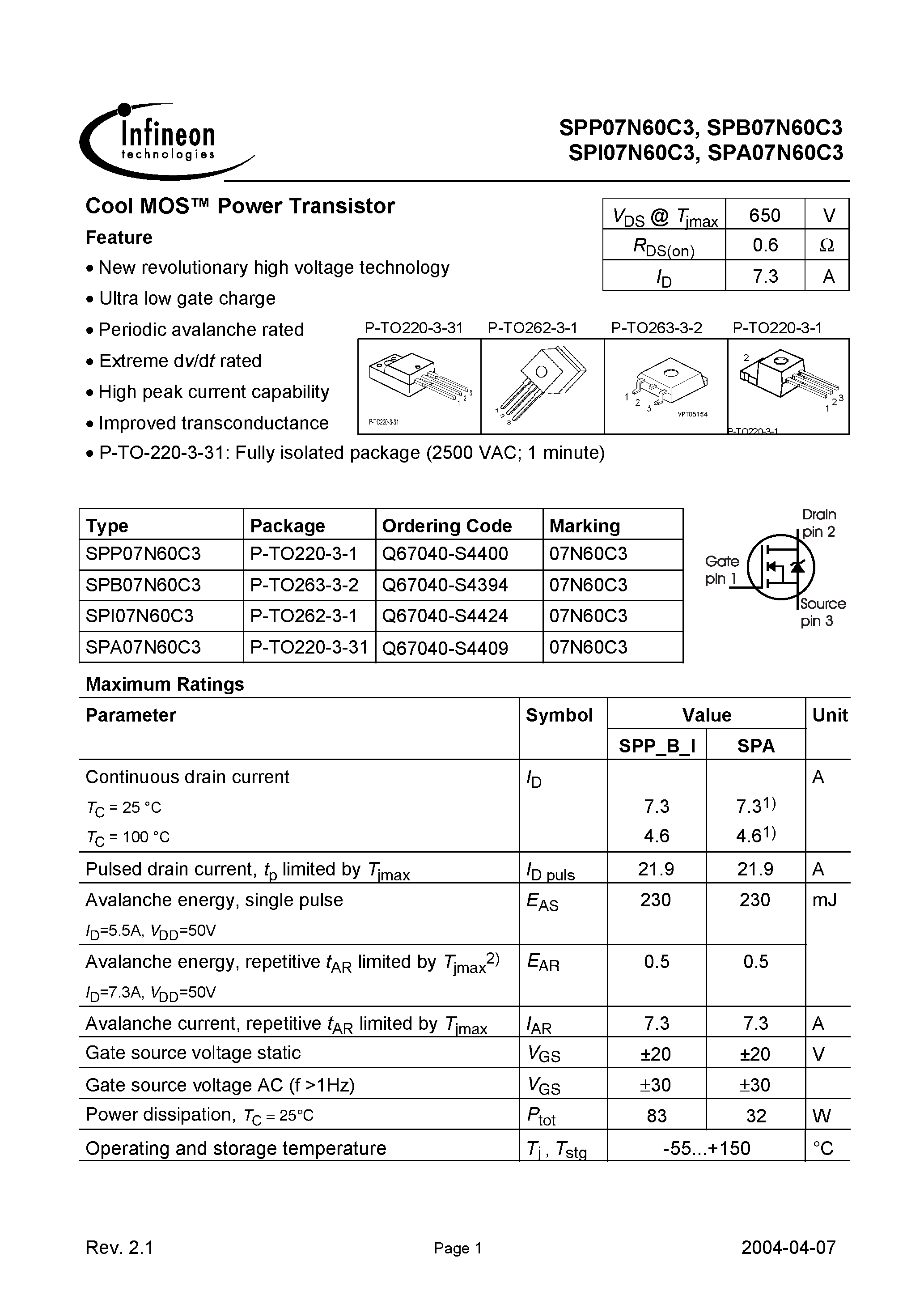 Даташит SPI07N60C3 - страница 1