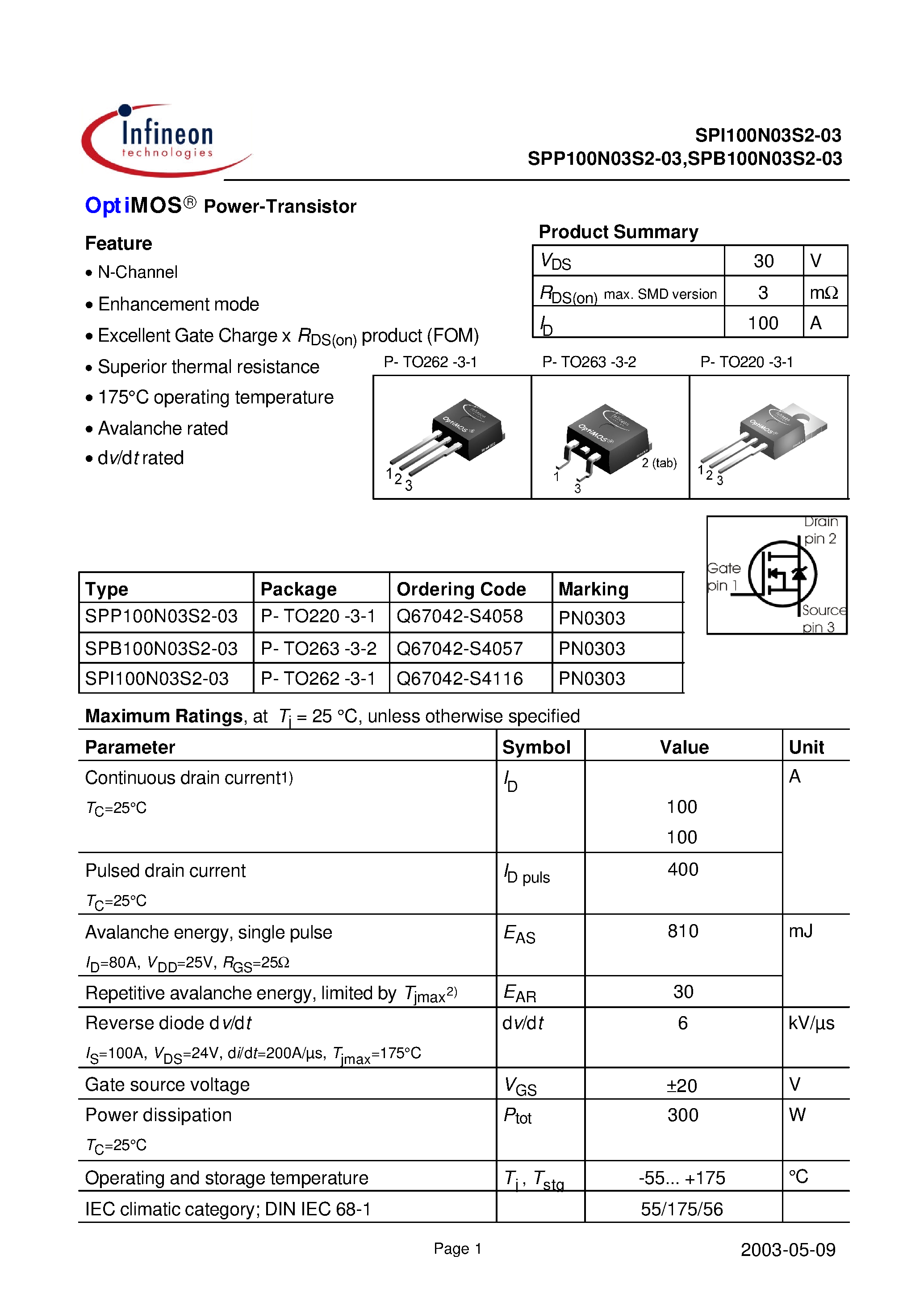 Даташит SPI100N03S2-03 - страница 1