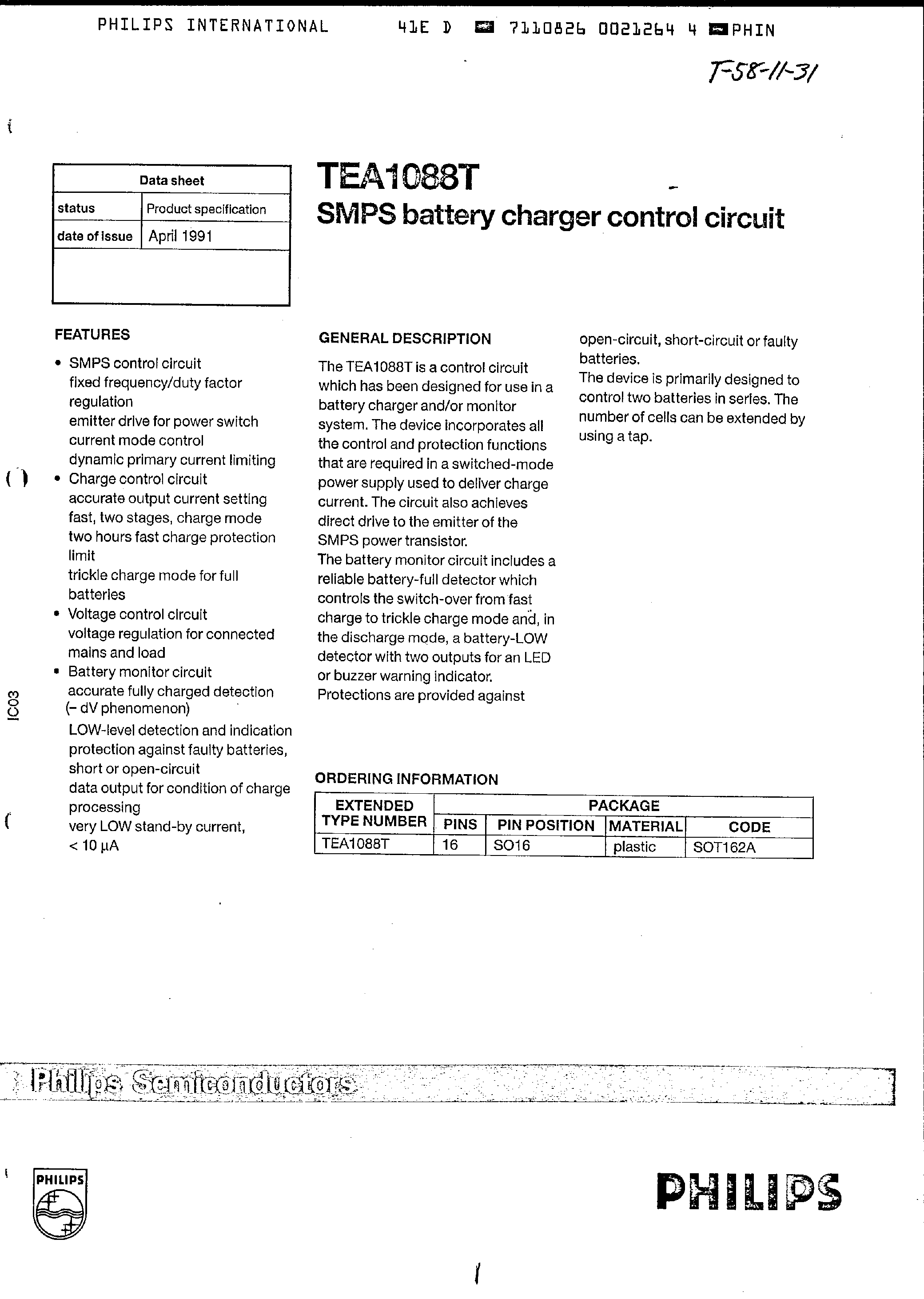 Даташит TEA1088T - SMPS Battery Charger Control Circuit страница 1