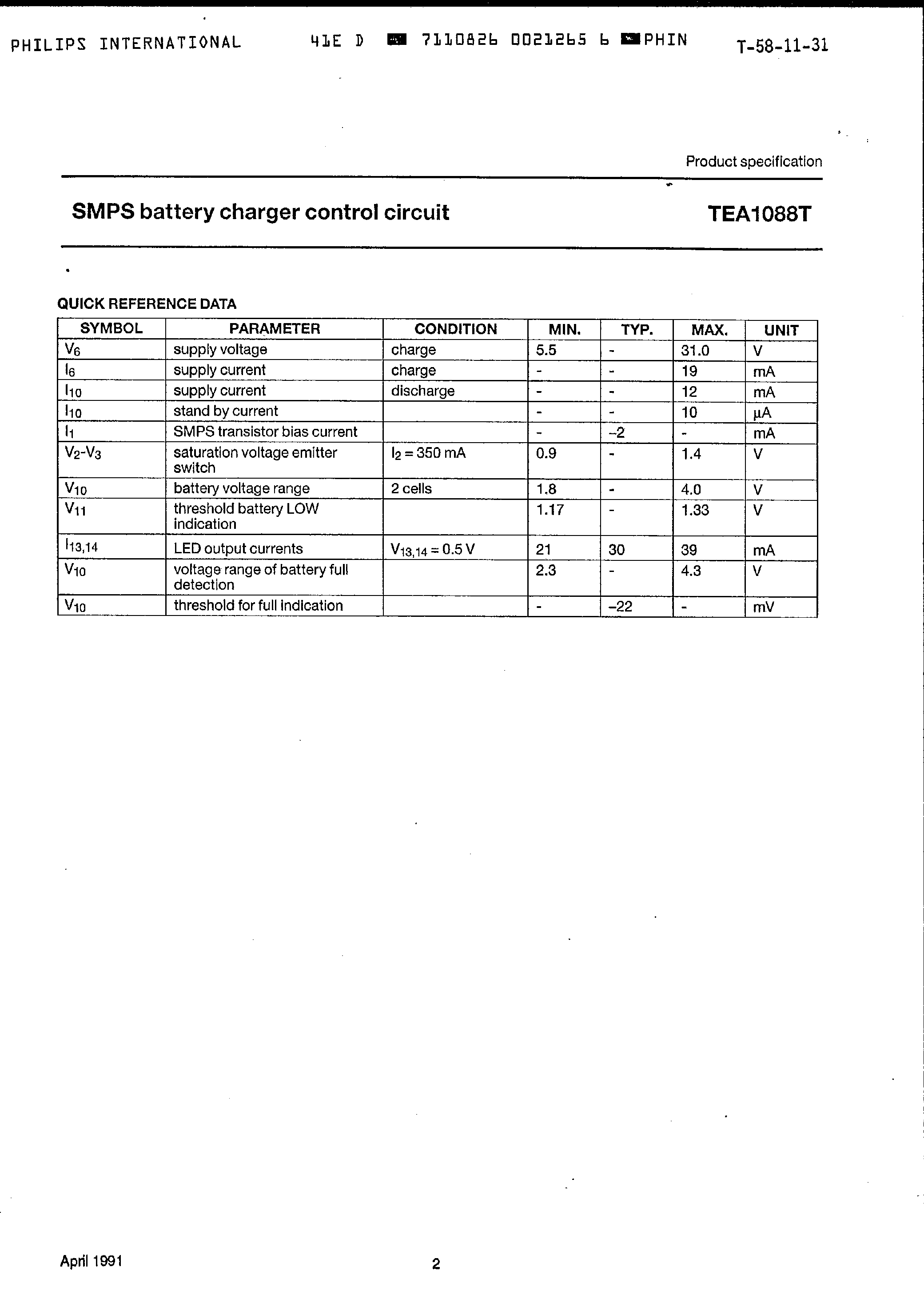 Даташит TEA1088T - SMPS Battery Charger Control Circuit страница 2