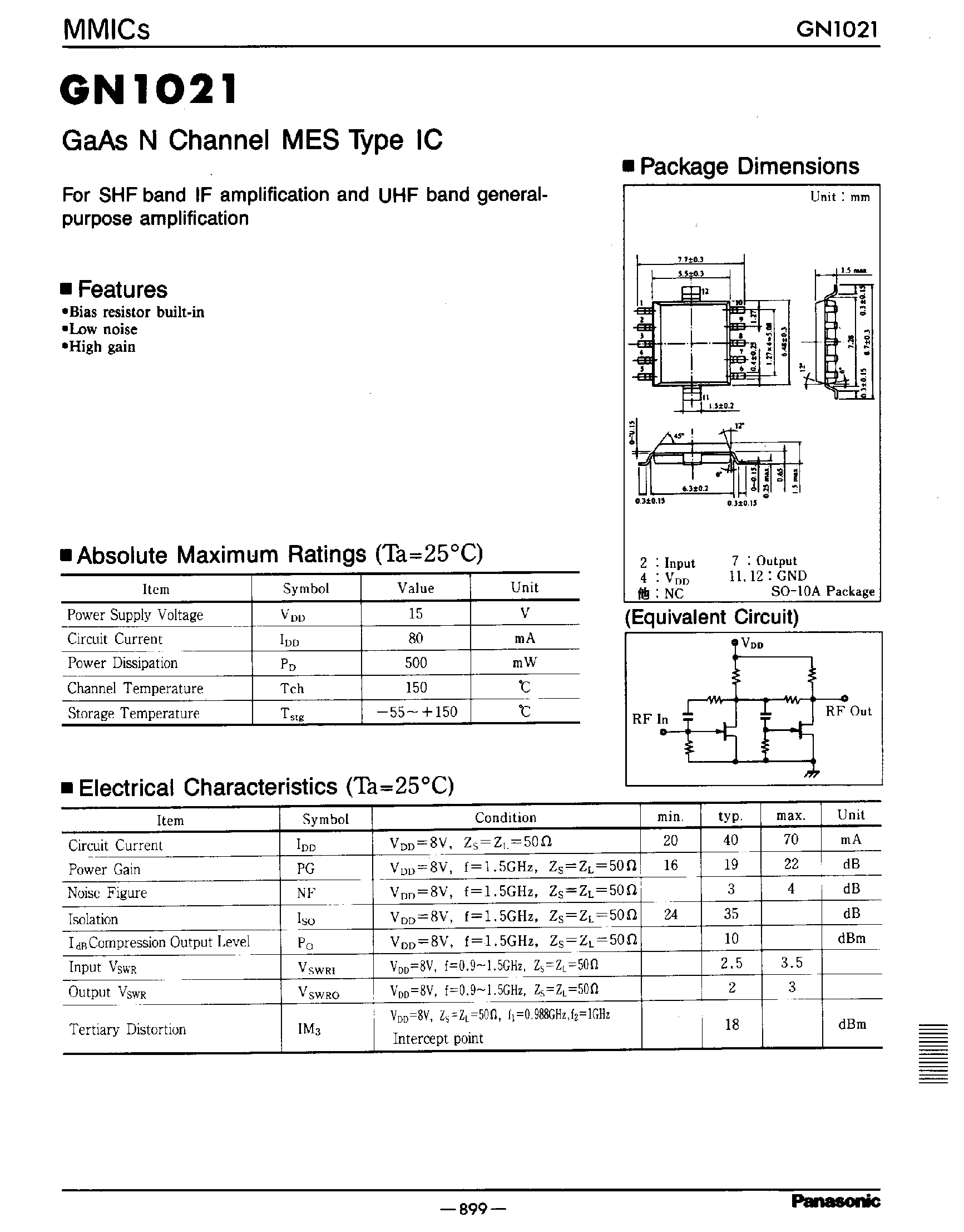 Даташит GN1021 - GaAs N Channel MES Type IC страница 1