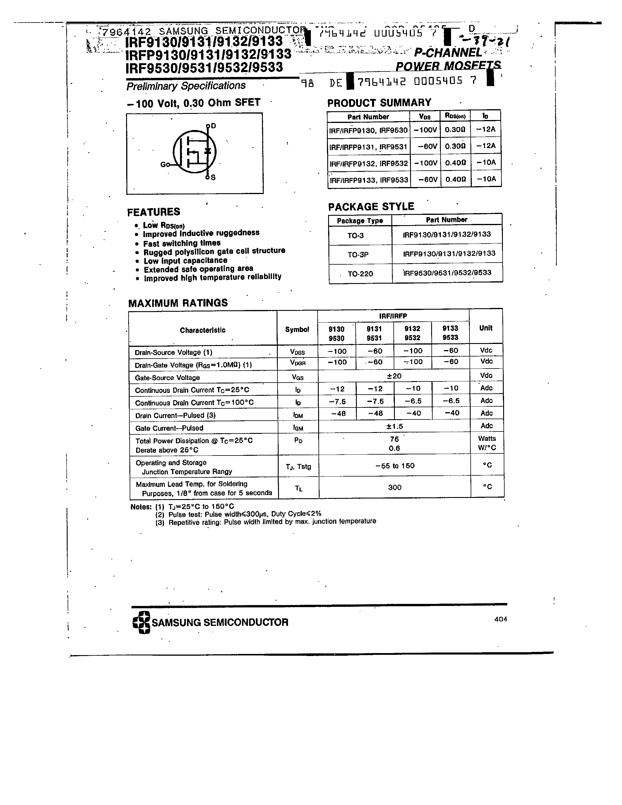 Datasheet IRFP913x - P-CHANNEL POWER MOSFETS page 1