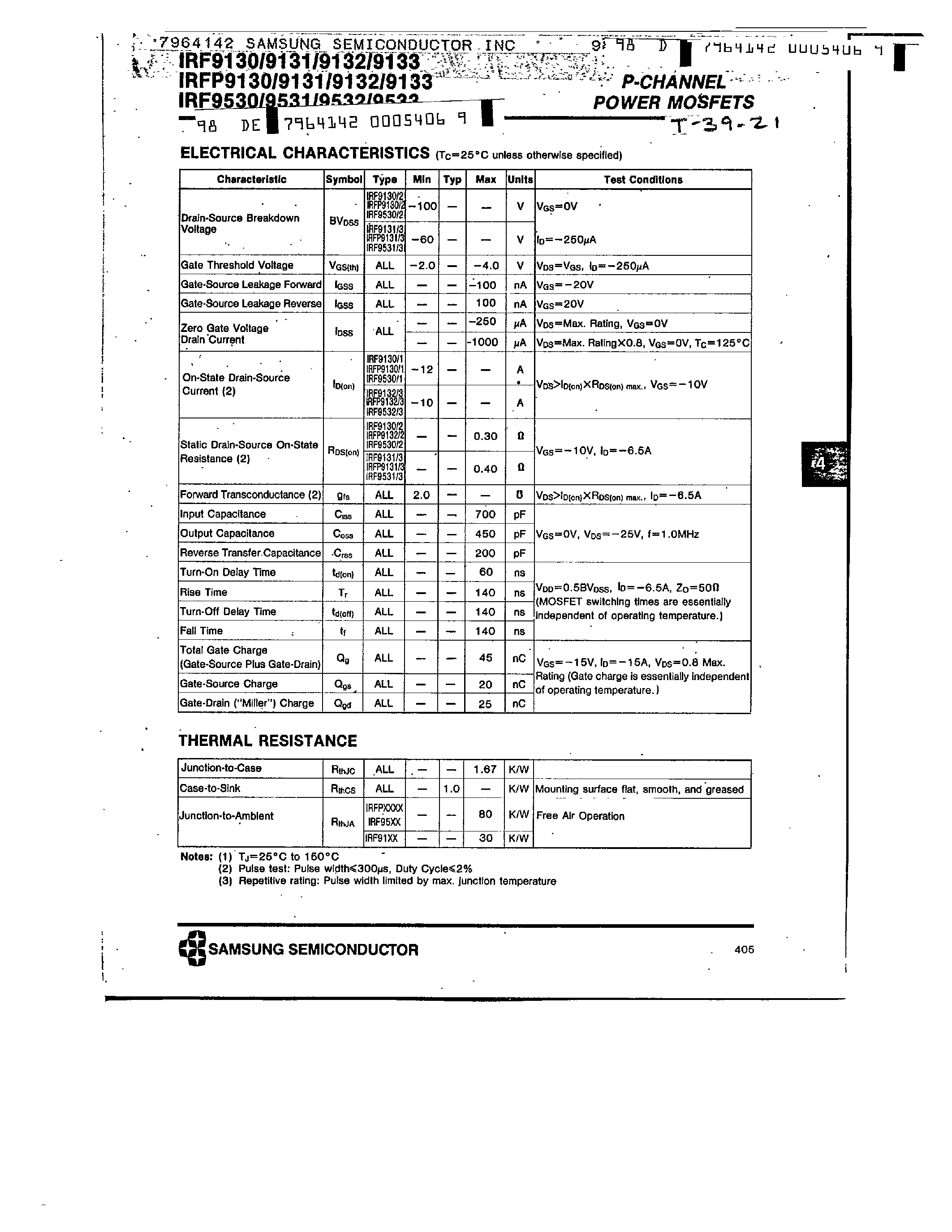 Datasheet IRFP913x - P-CHANNEL POWER MOSFETS page 2