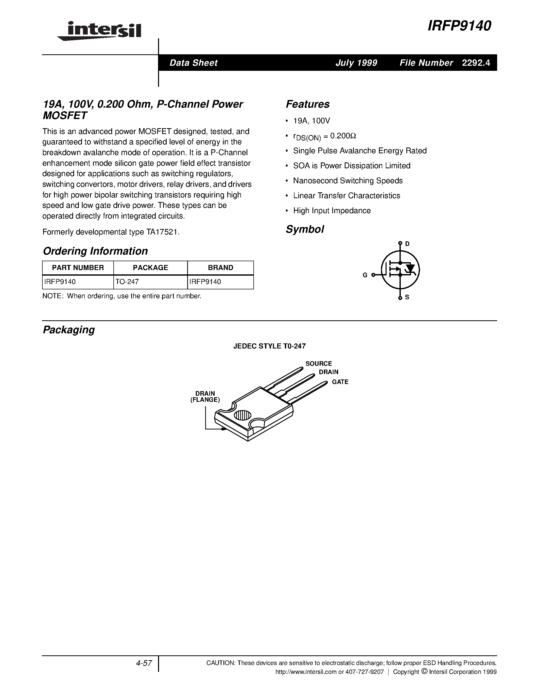 Datasheet IRFP9140 - P-Channel Power MOSFET page 1