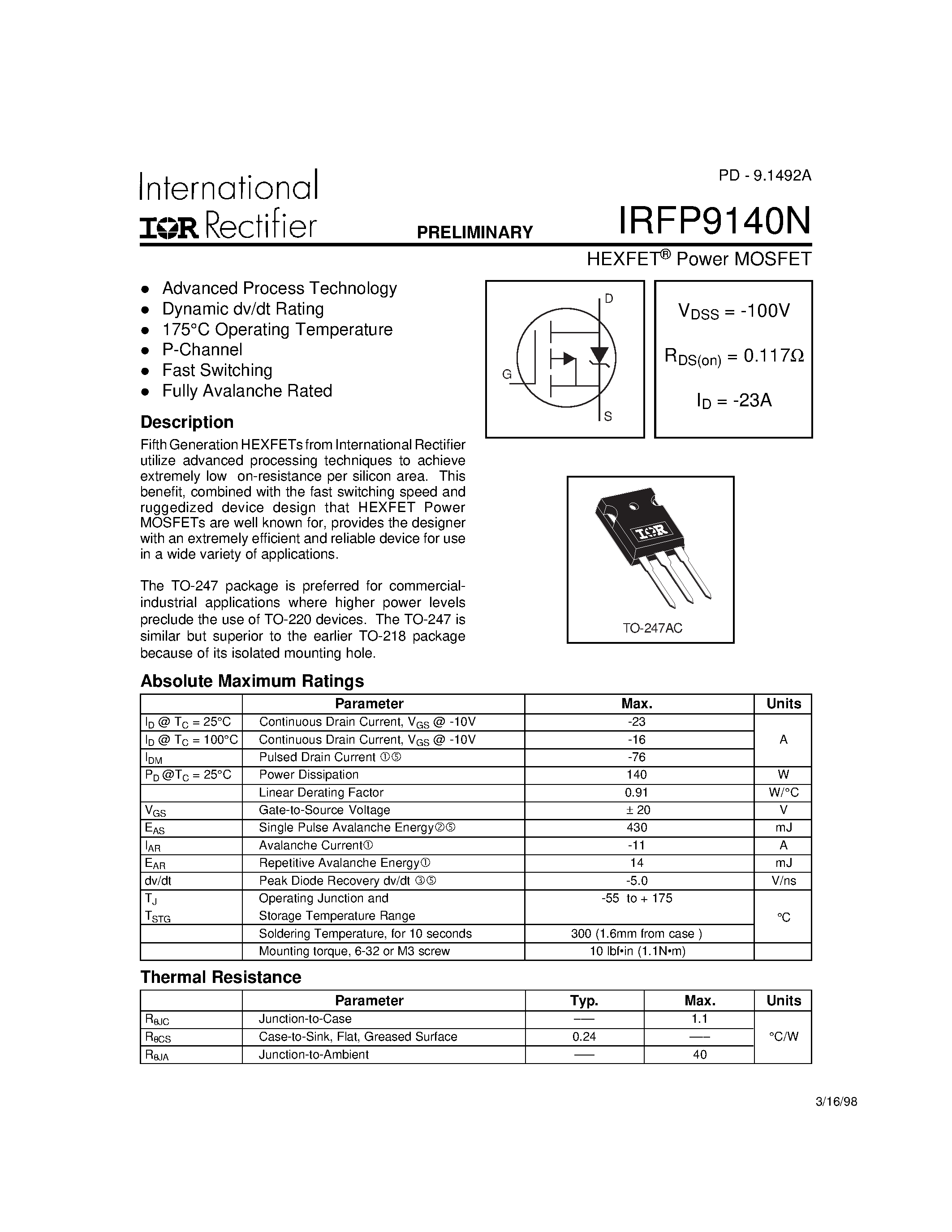 Datasheet IRFP9140N - Power MOSFET page 1