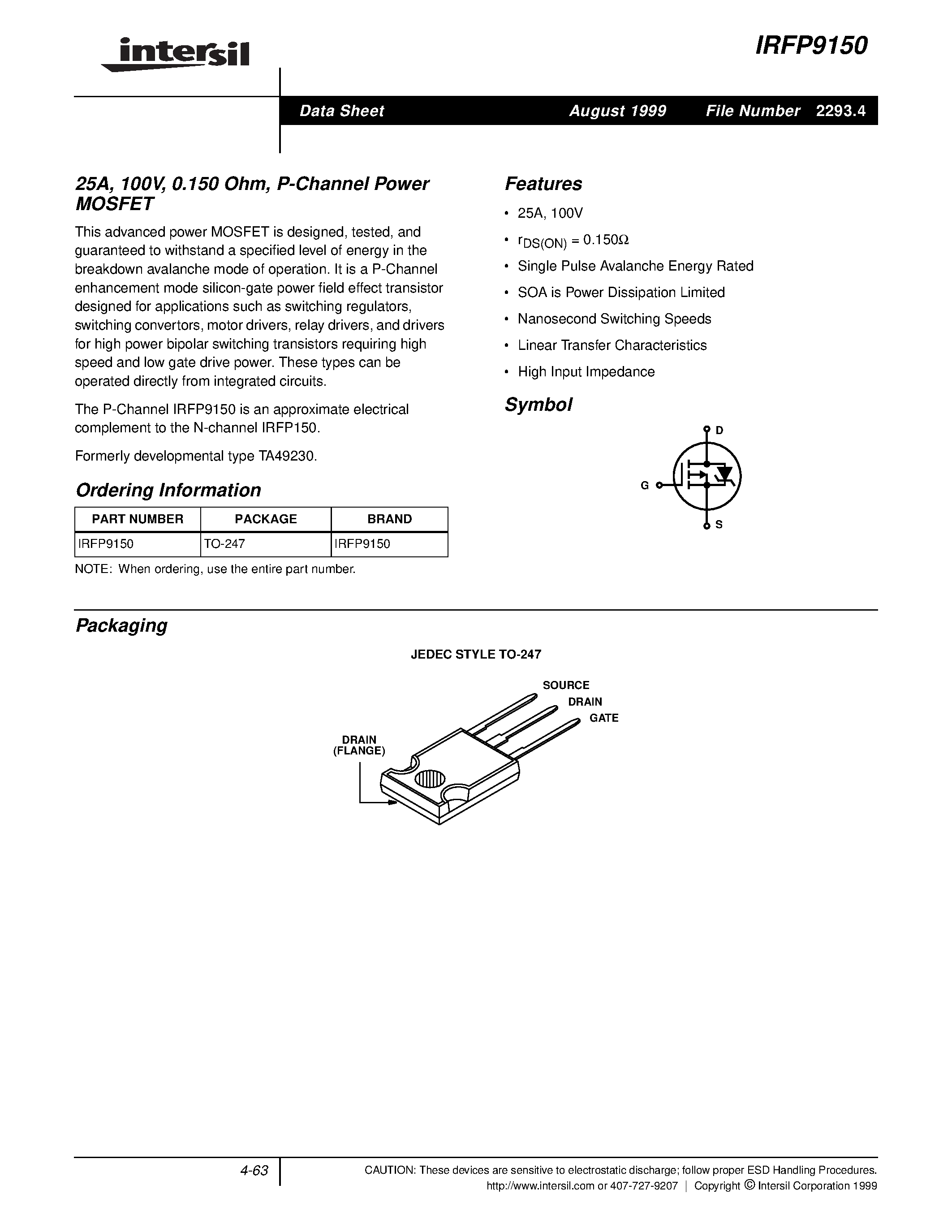 Datasheet IRFP9150 - P-Channel Power MOSFET page 1