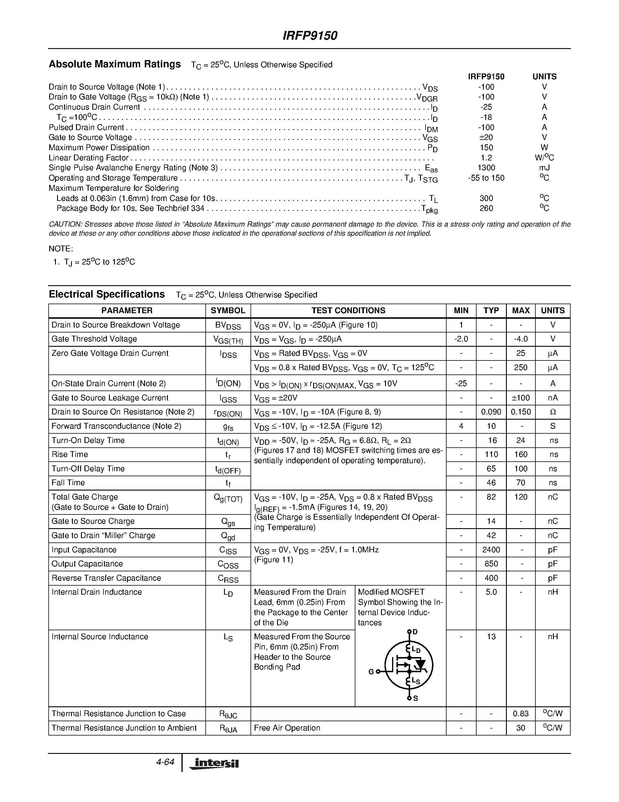 Datasheet IRFP9150 - P-Channel Power MOSFET page 2