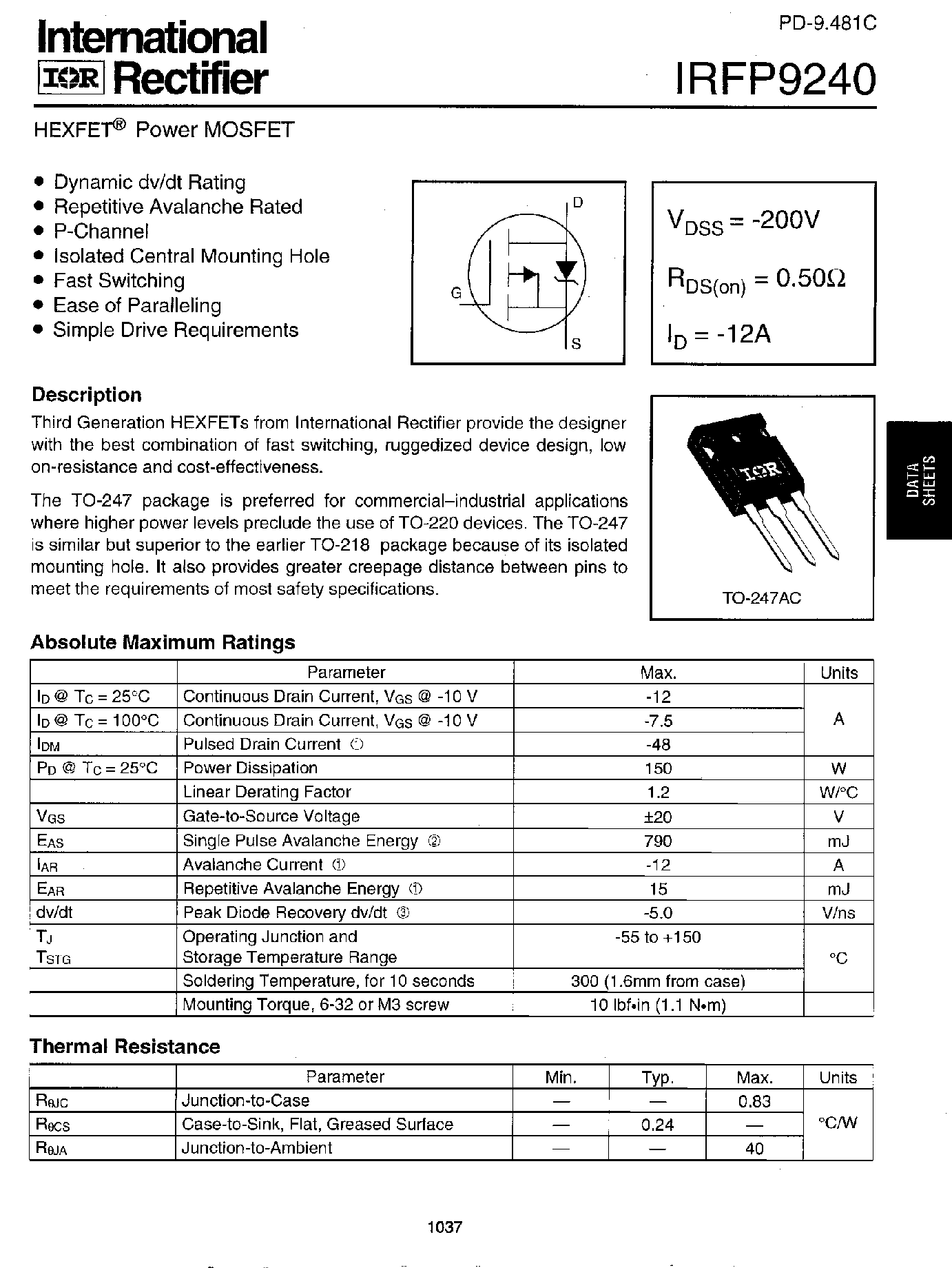 Datasheet IRFP9240 - Power MOSFET page 1