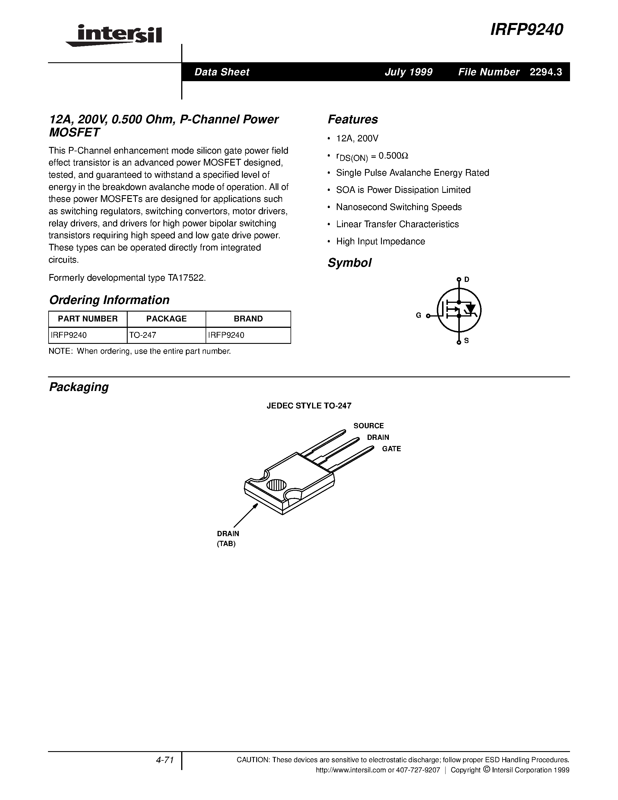 Datasheet IRFP9240 - Power MOSFET page 1