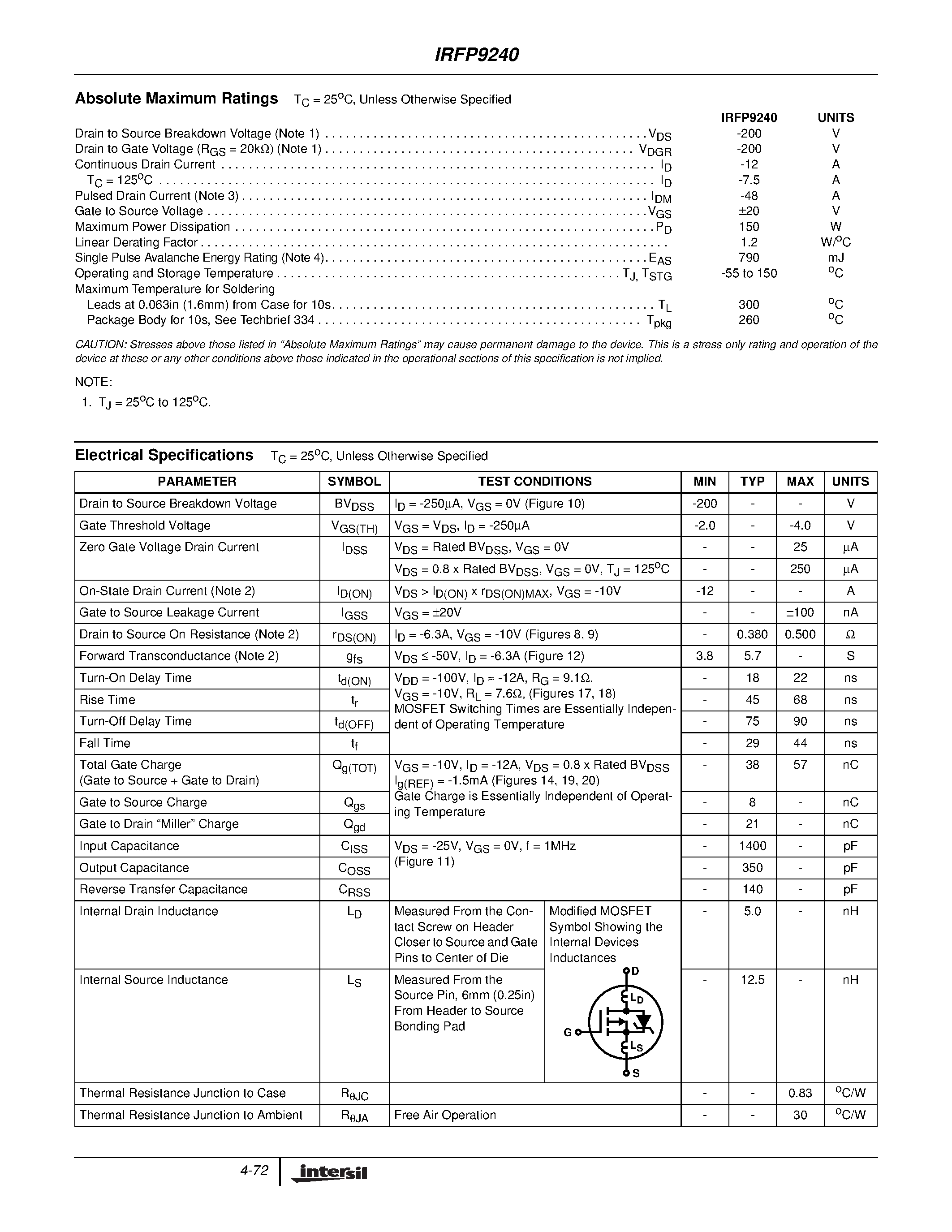 Datasheet IRFP9240 - Power MOSFET page 2