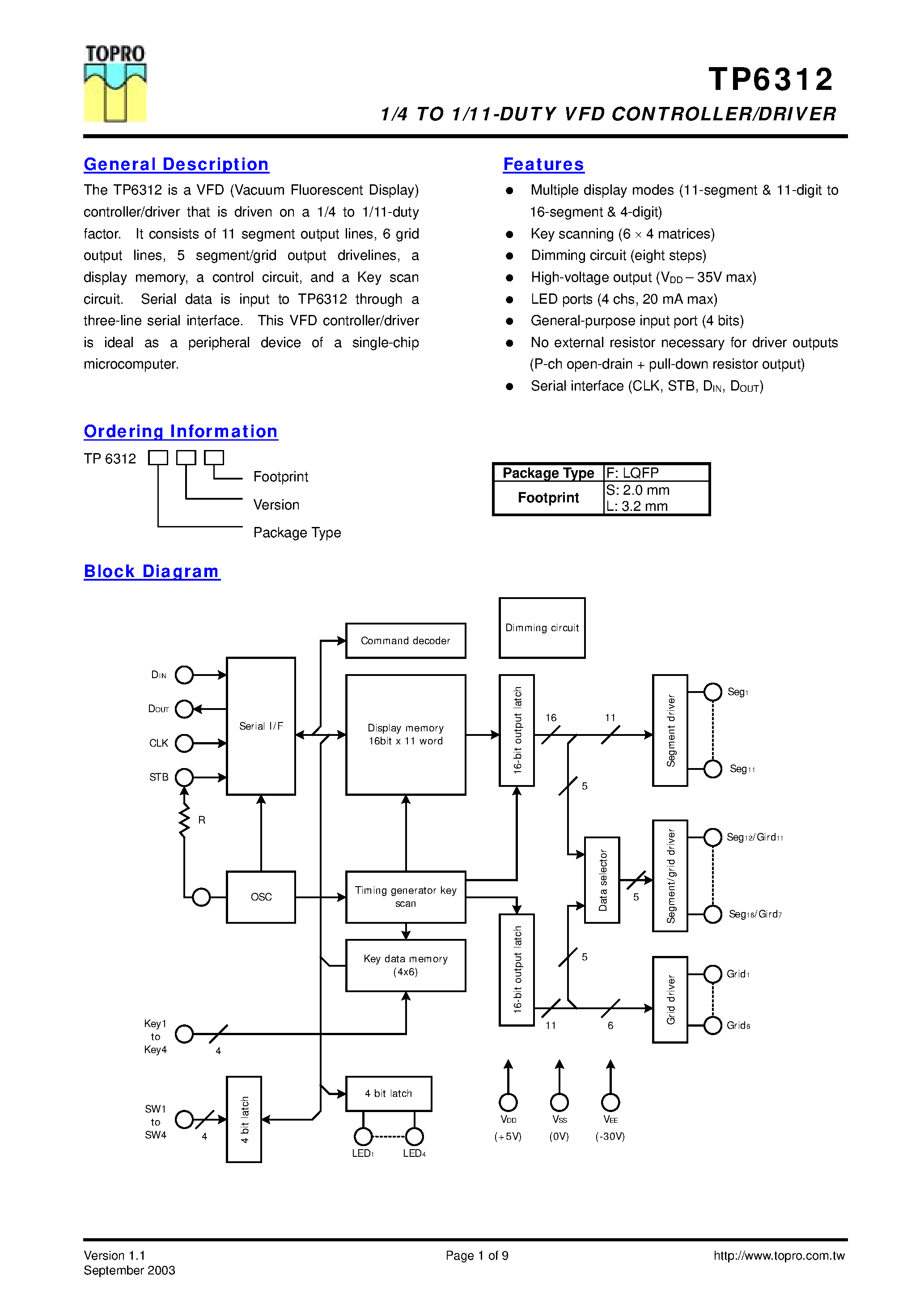 Datasheet TP6312 - 1/4-Te1/11-duty FIP(VFD) controller/driver page 1