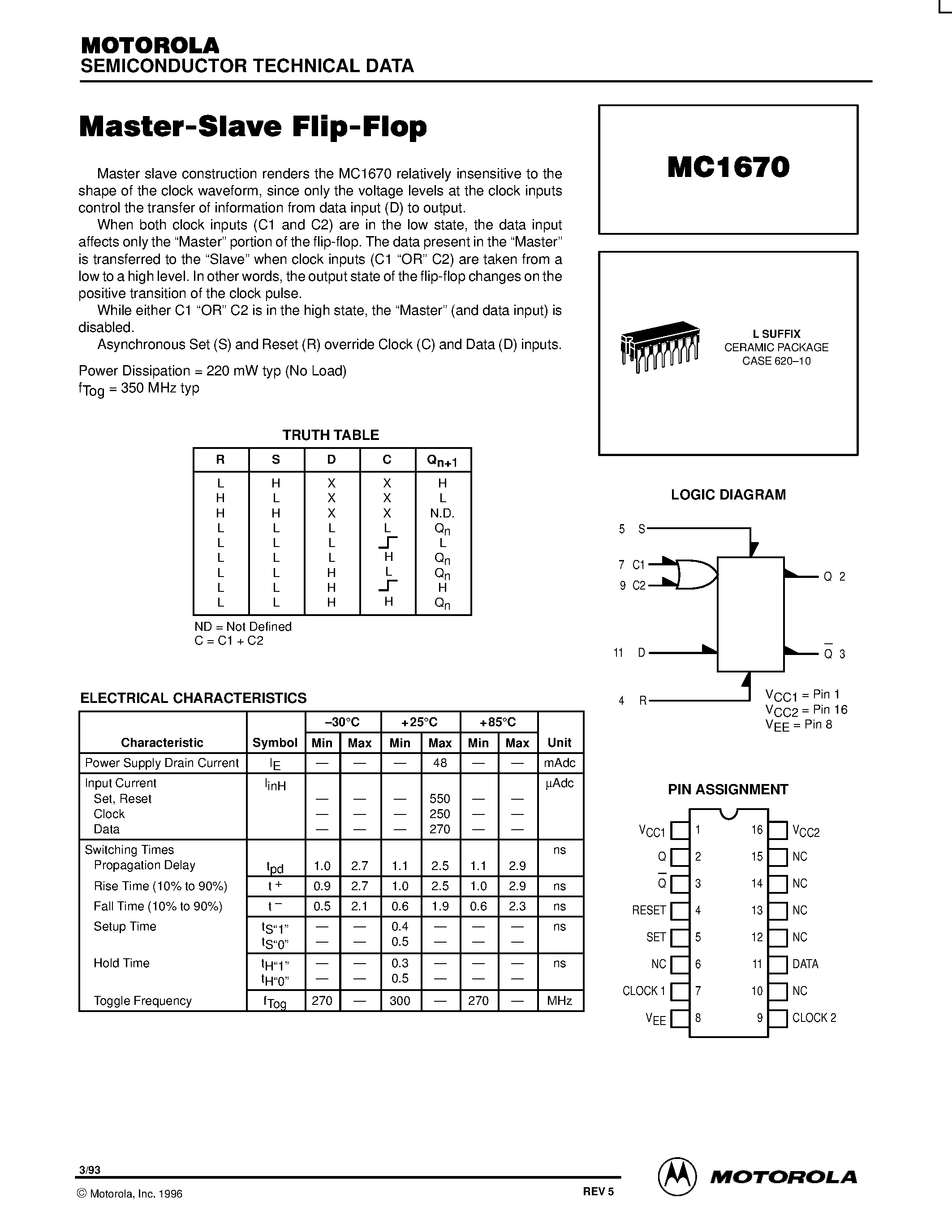 Datasheet MC1670 - Master-Slave Flip-Flop page 1