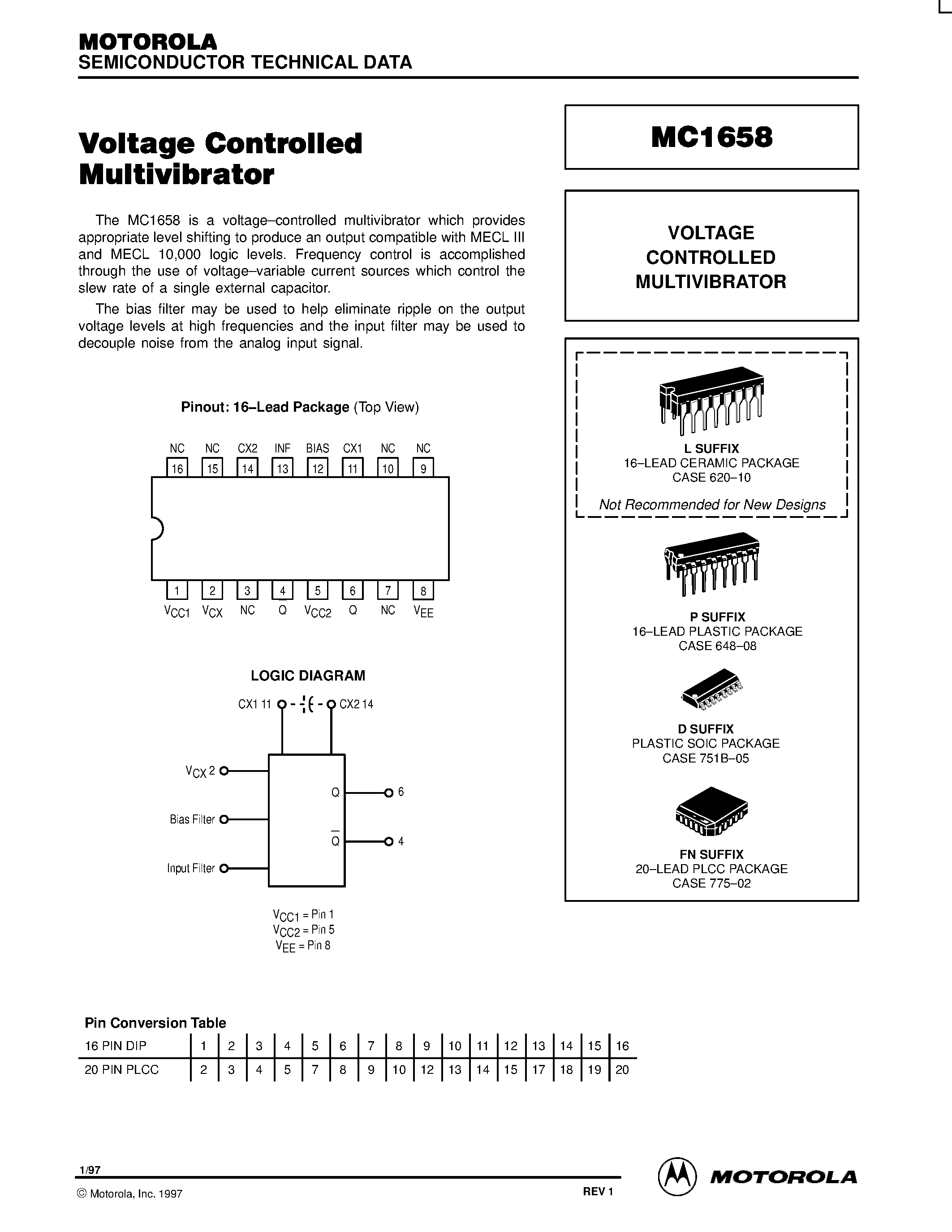 Datasheet MC1658 - Voltage Controlled Multivibrator page 1