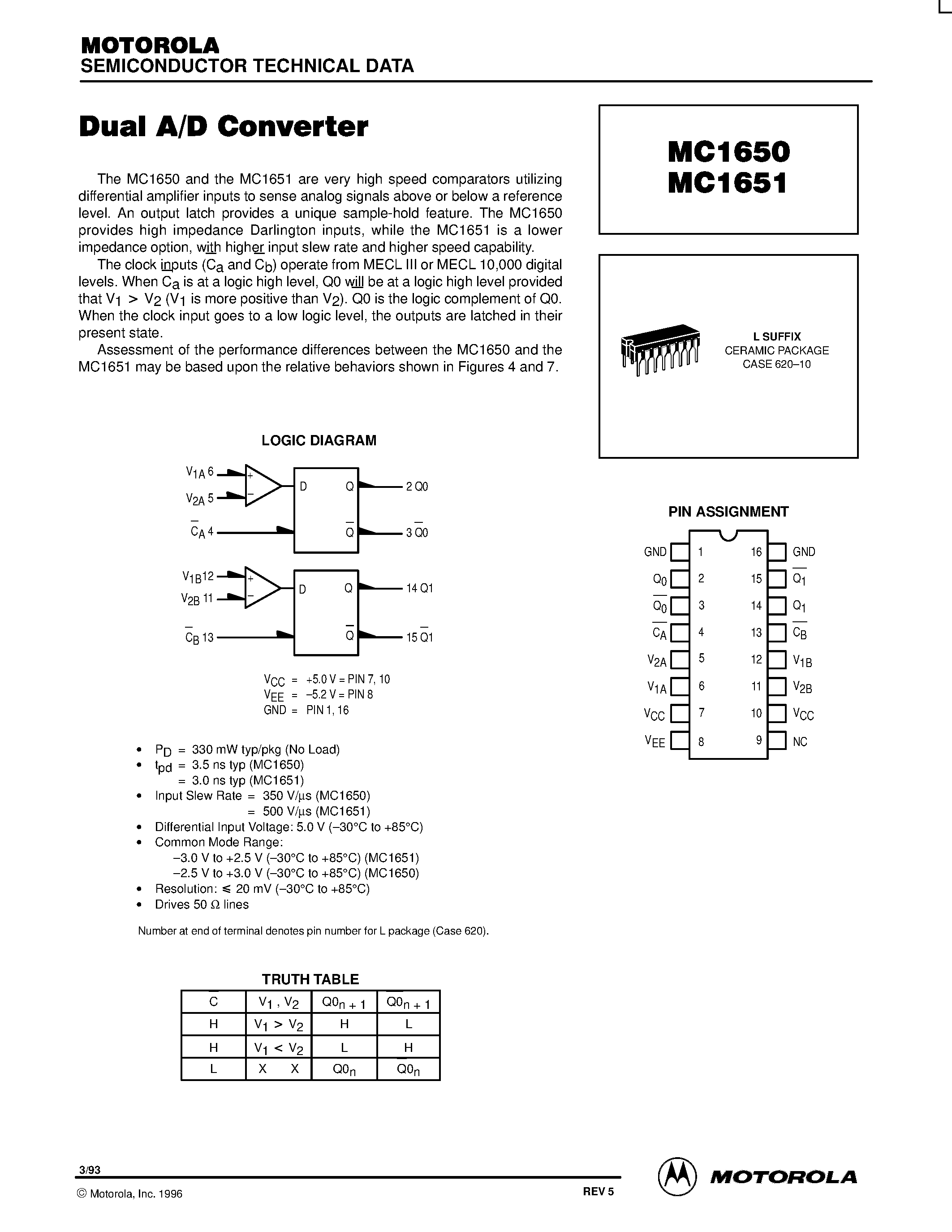 Datasheet MC1650 - DUAL A/D CONVERTER page 1